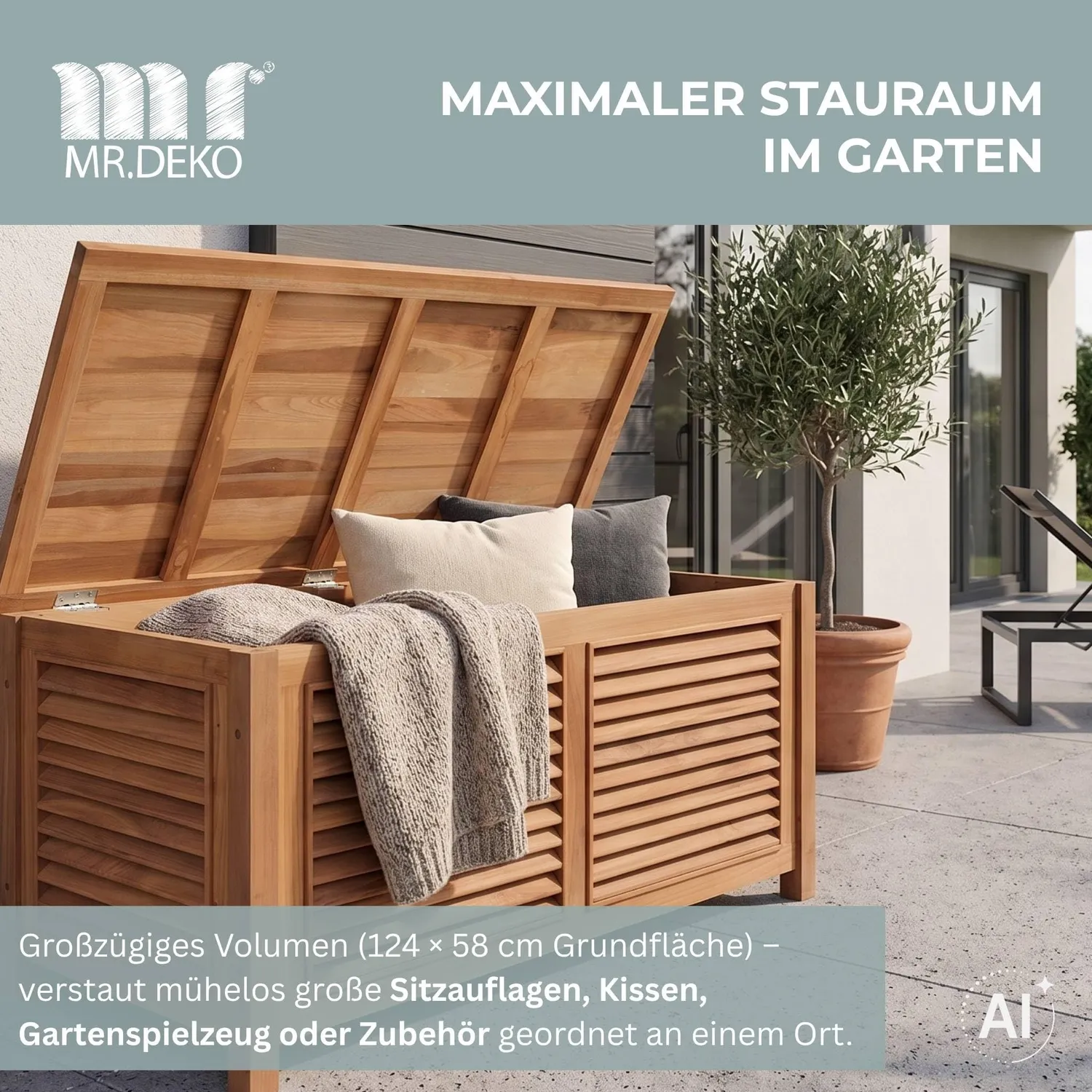MR.DEKO Gartenbox Teak 430 l Auflagenbox 124 cm wetterfest