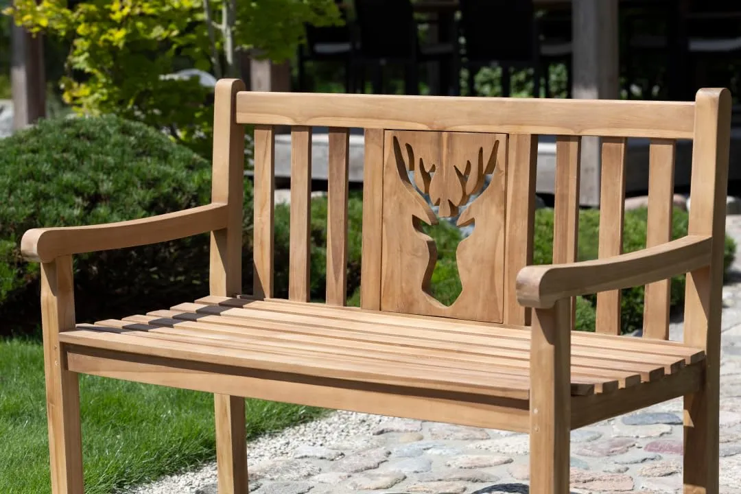MR.DEKO Hirsch Gartenbank Teak 120cm Motiv Hirsch