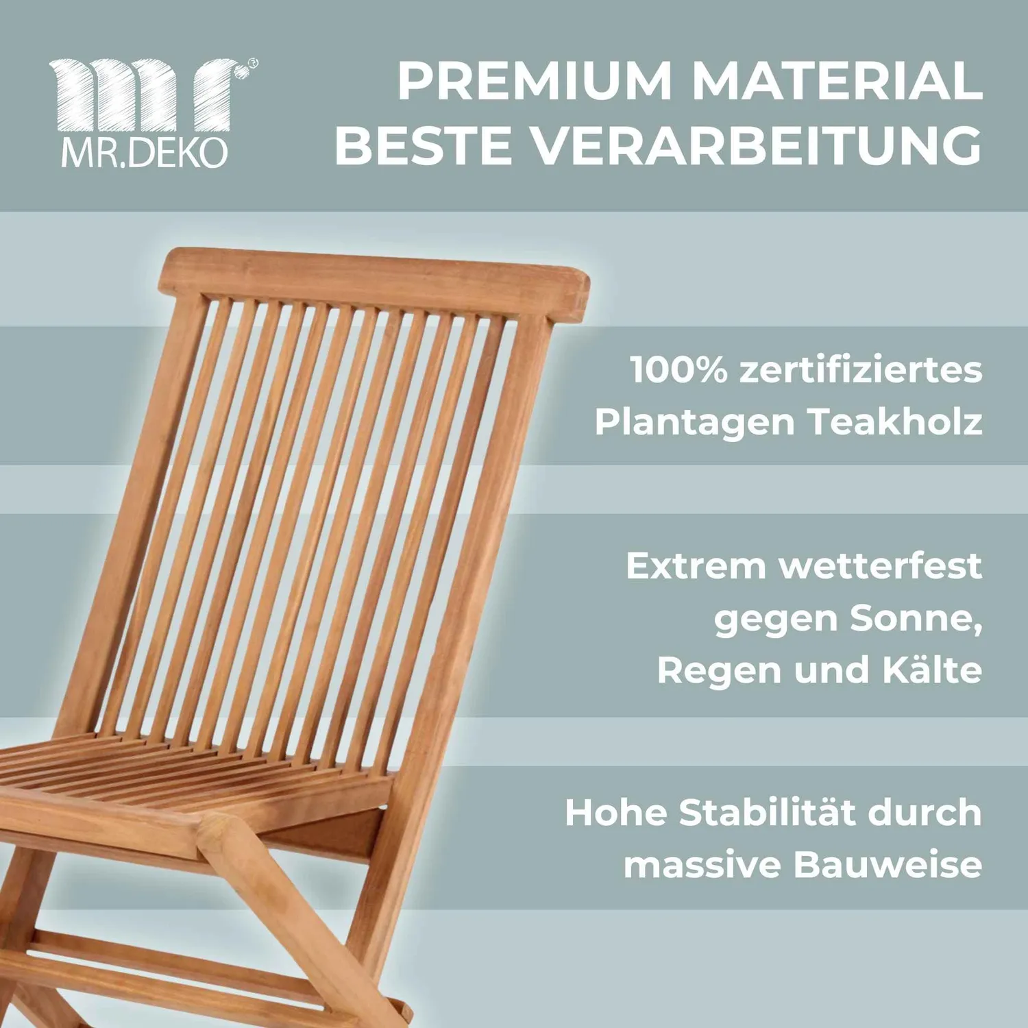 MR.DEKO Langton Klappstuhl Teak Gartenstuhl natur wetterfest