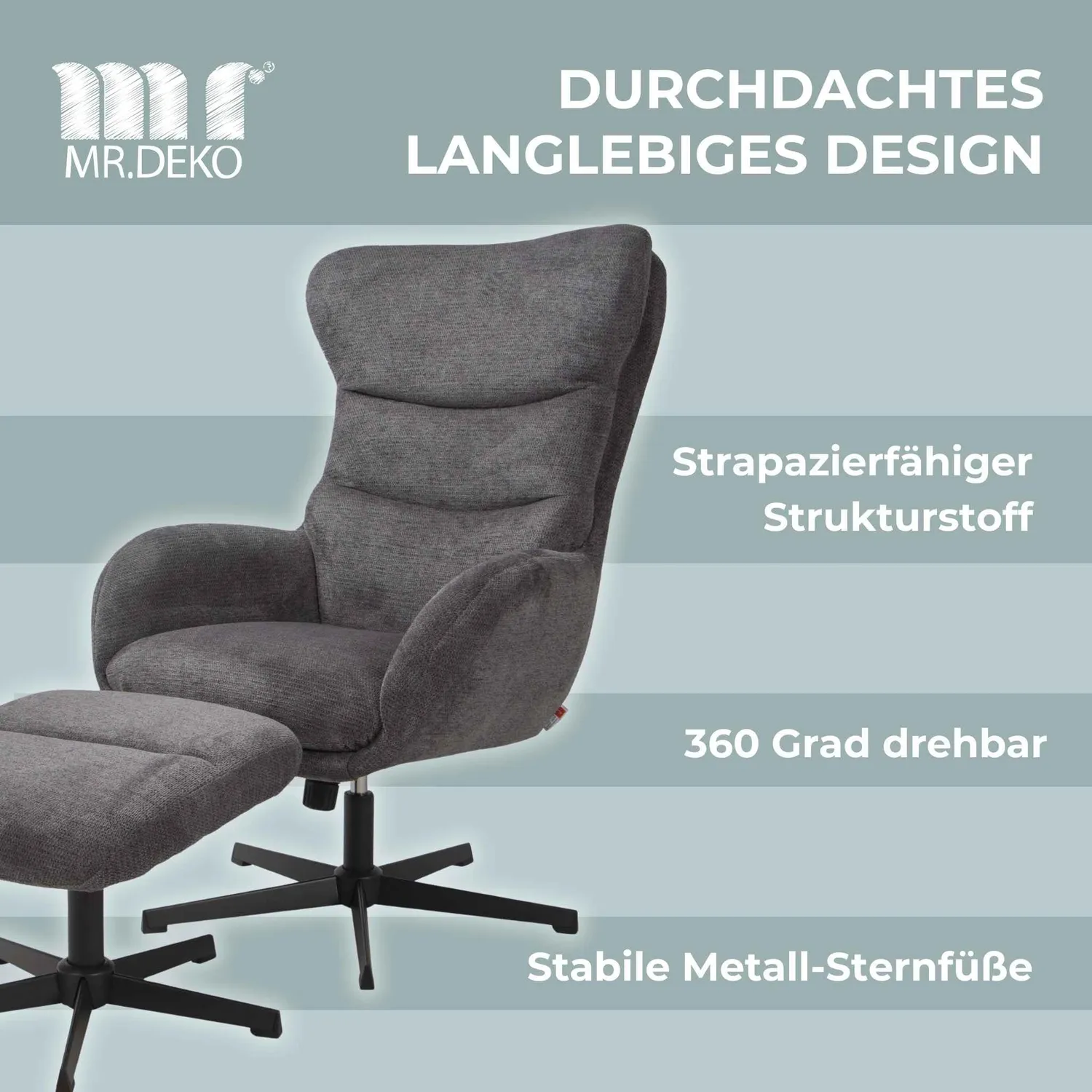 MR.DEKO Lucito Relaxsessel mit Hocker grau 360° drehbar Metallgestell
