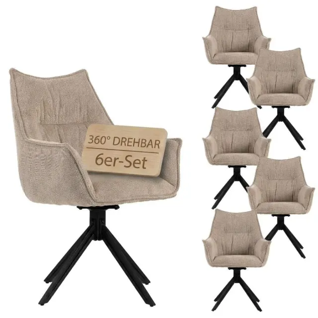 MR.DEKO Ginosa Esszimmerstühle 6er-Set beige drehbar