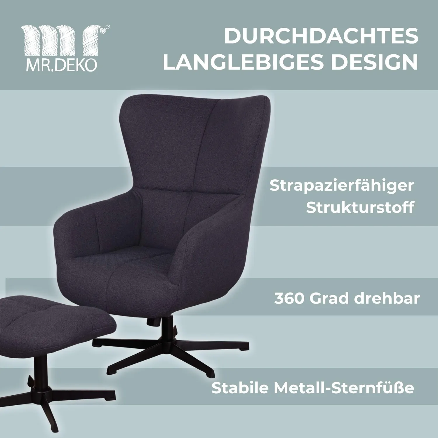 MR.DEKO Sava Ohrensessel mit Hocker blau drehbar kippbar 74x86x104