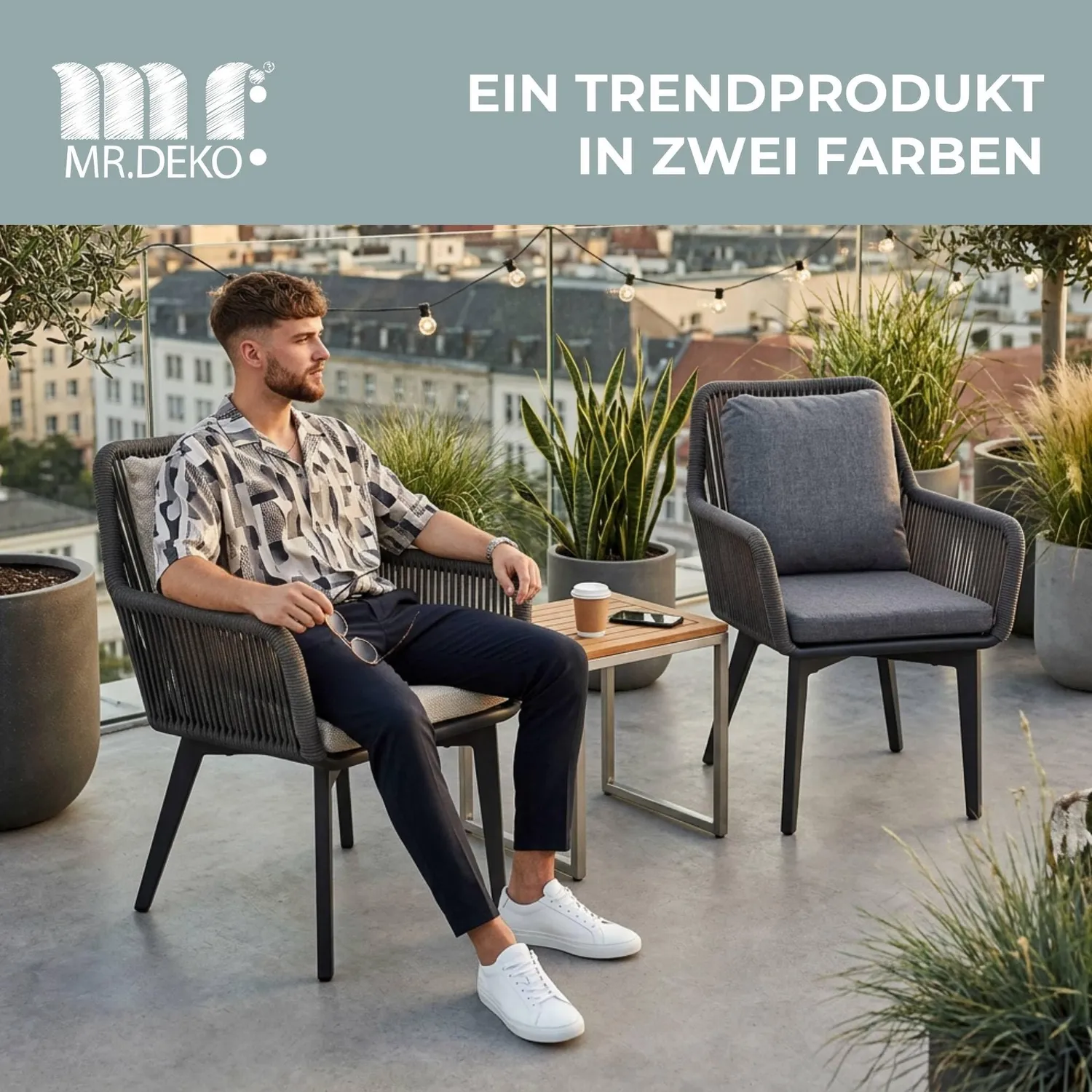 MR.DEKO Marbella Diningstuhl Aluminium Rope Grau mit Kissen