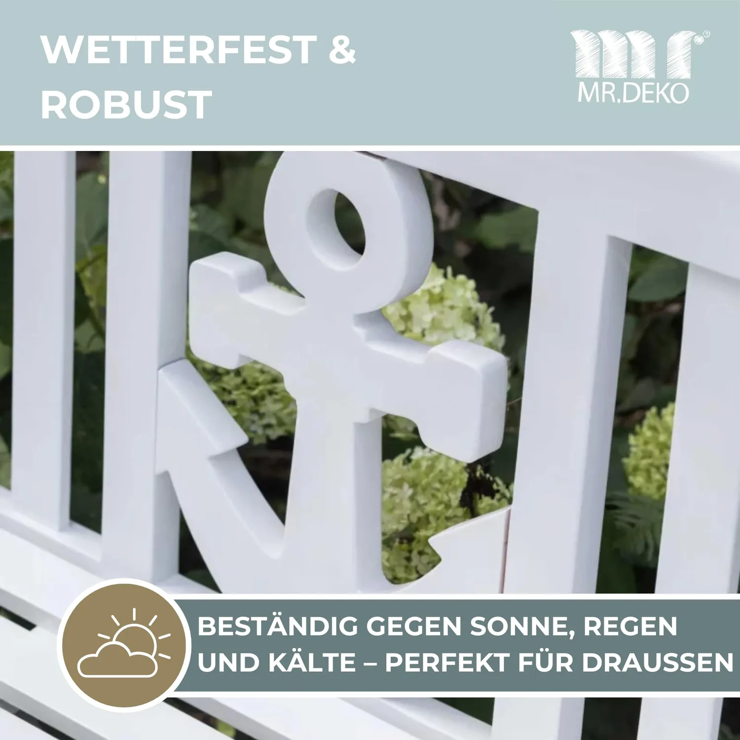 MR.DEKO Anker Gartenbank 2-Sitzer aus Mahagoni grau lackiert