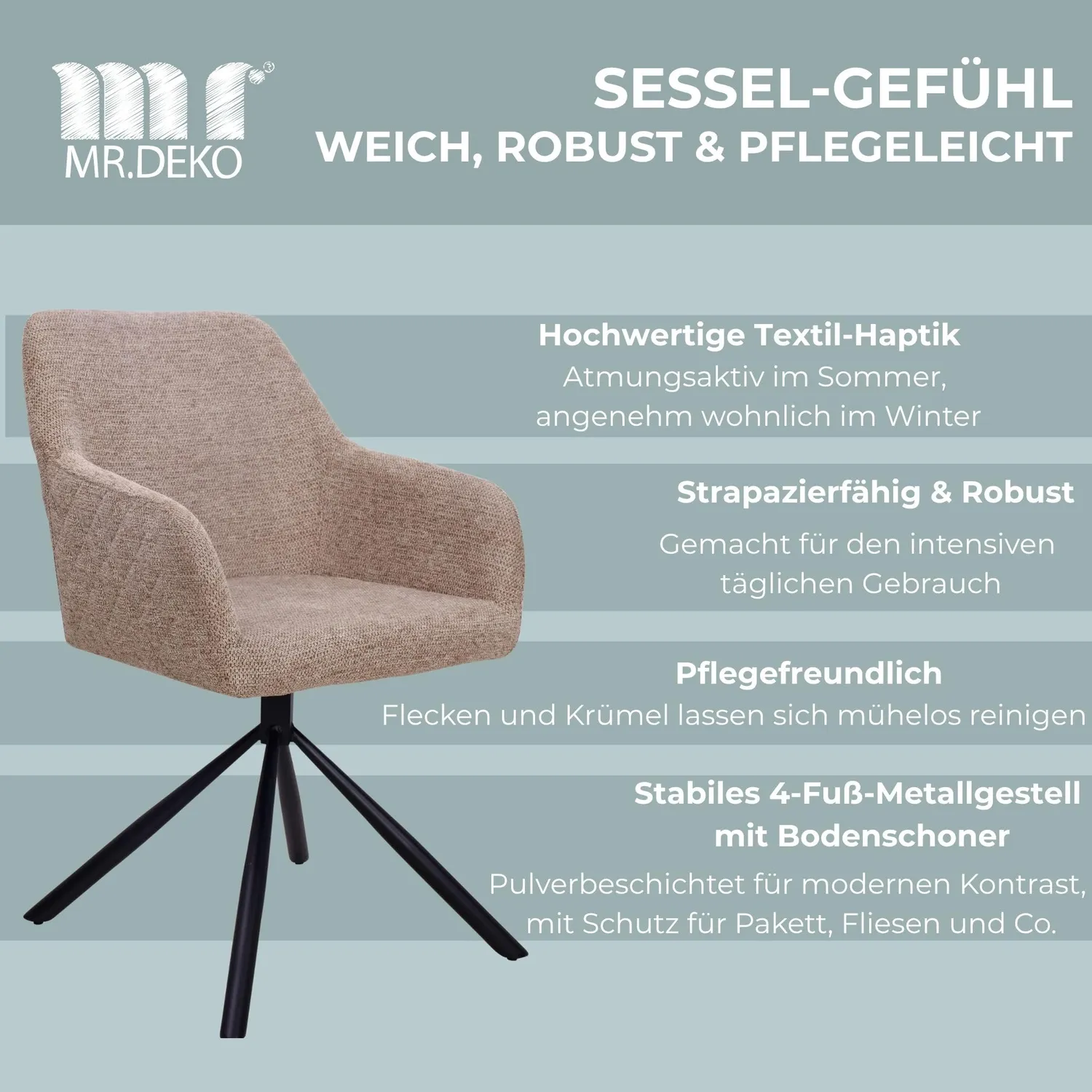 MR.DEKO Cuneo Esszimmerstuhl Polsterstuhl Hellbraun drehbar