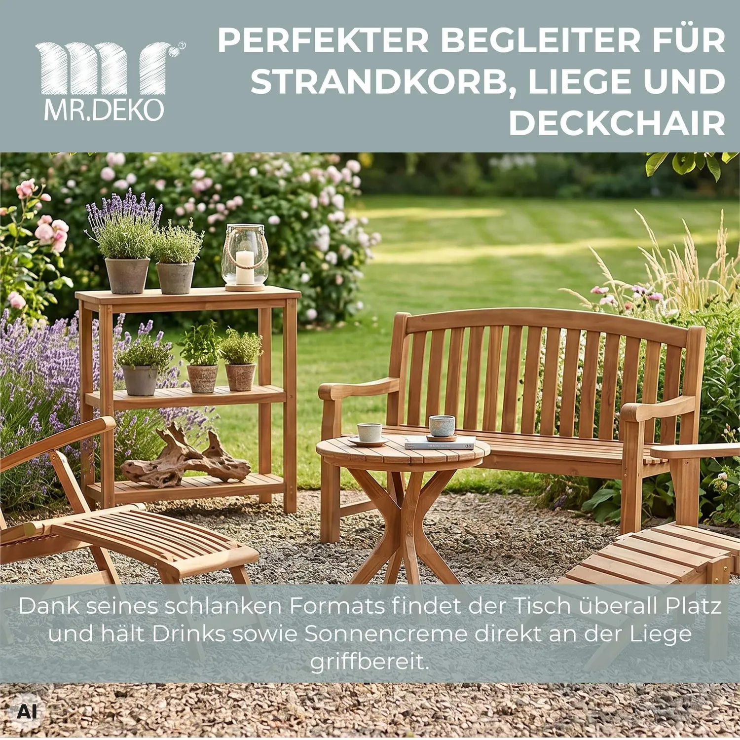MR.DEKO Burton Beistelltisch rund Ø60 cm Teakholz Massivholz