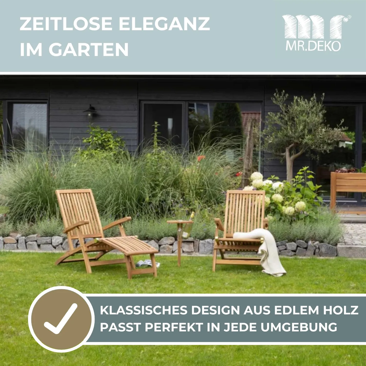 MR.DEKO Yacht Deckchair 170 cm Teakholz Liegestuhl klappbar