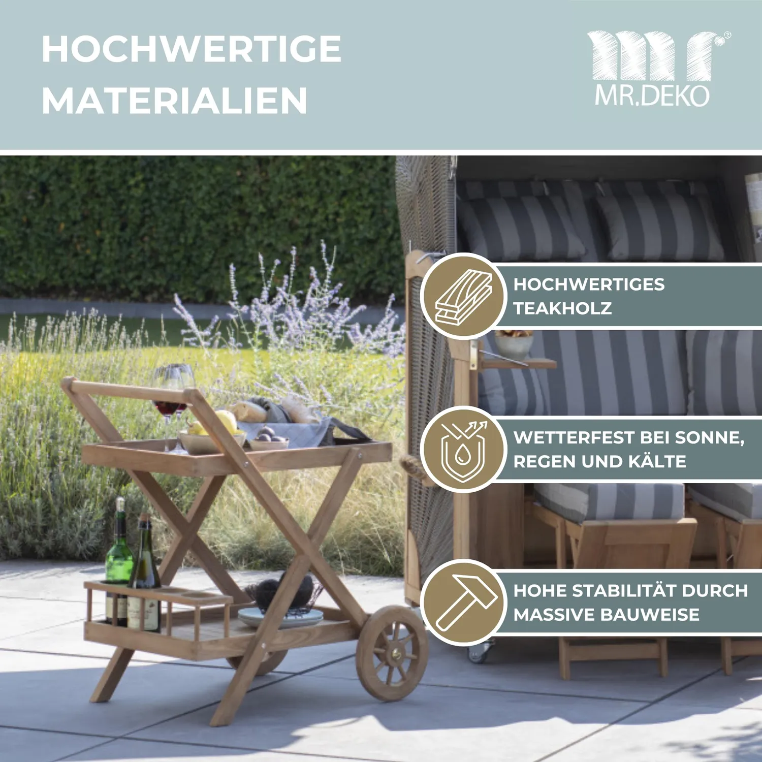 MR.DEKO Chester Servierwagen Teakholz 48x71 cm mit Rollen