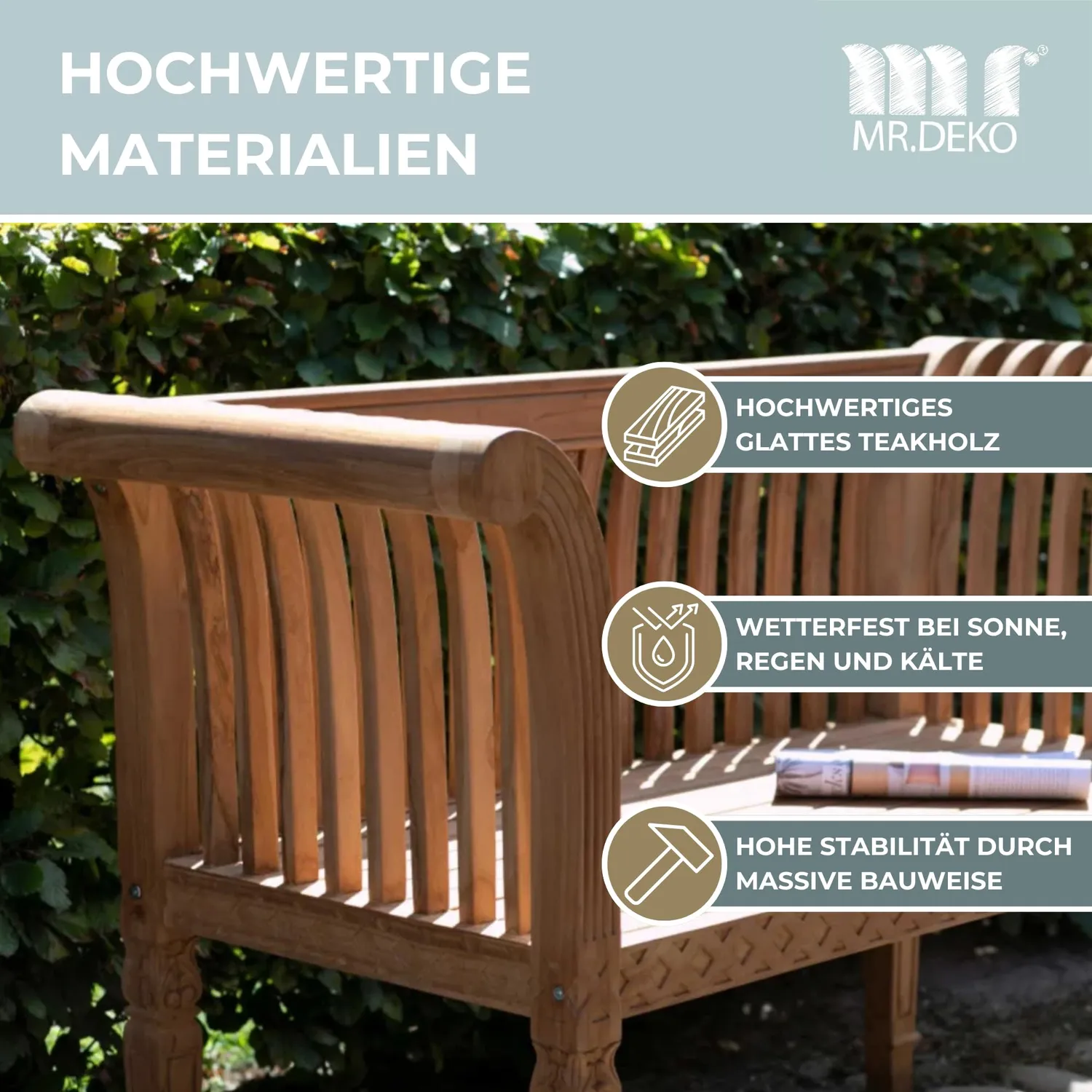 MR.DEKO Newport Gartenbank 2-Sitzer aus Teakholz naturbelassen