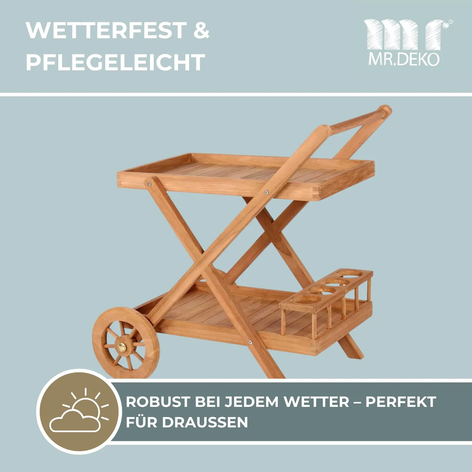 MR.DEKO Chester Servierwagen Teakholz 48x71 cm mit Rollen