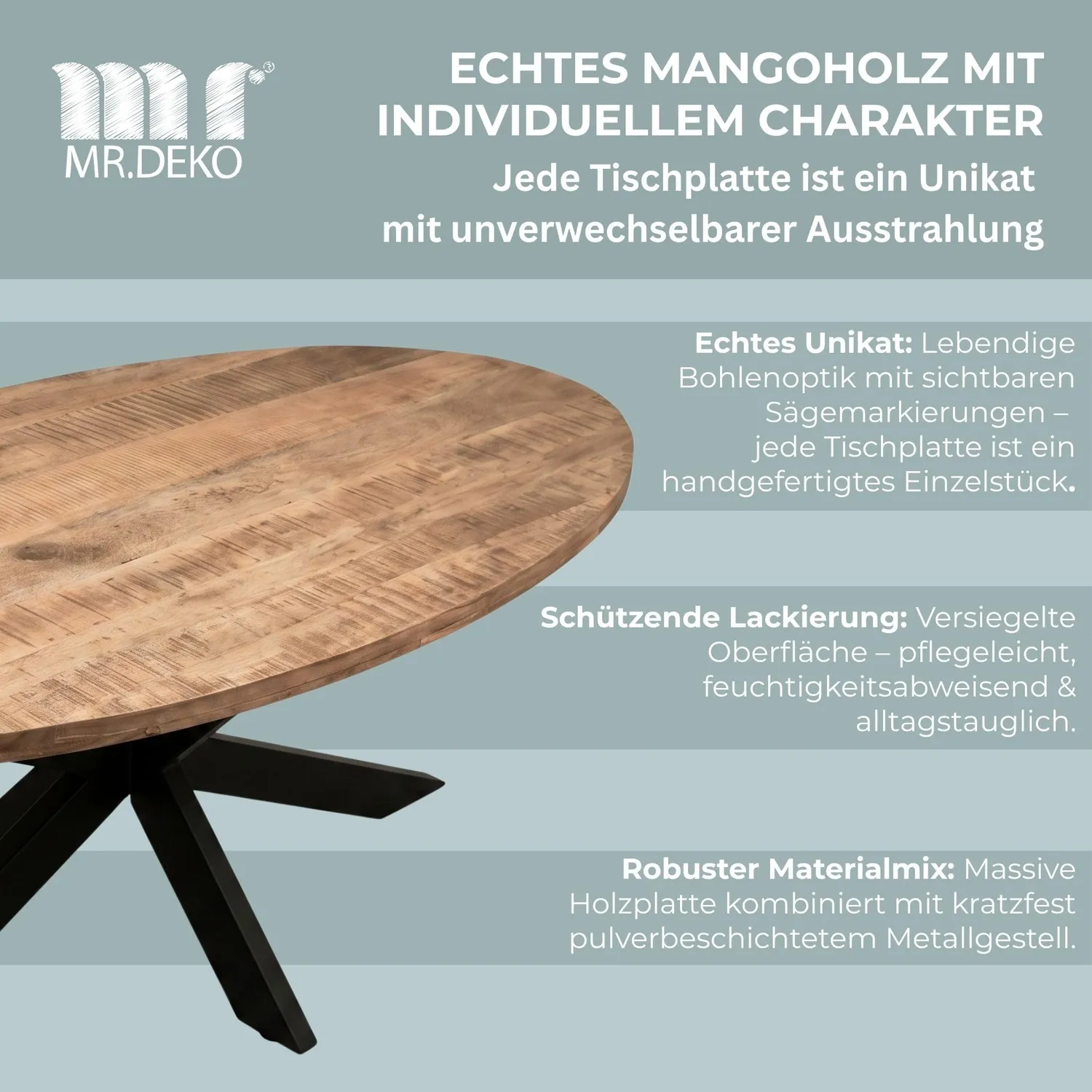 MR.DEKO Avola Oval 180x90 Esstisch Mango Massivholz