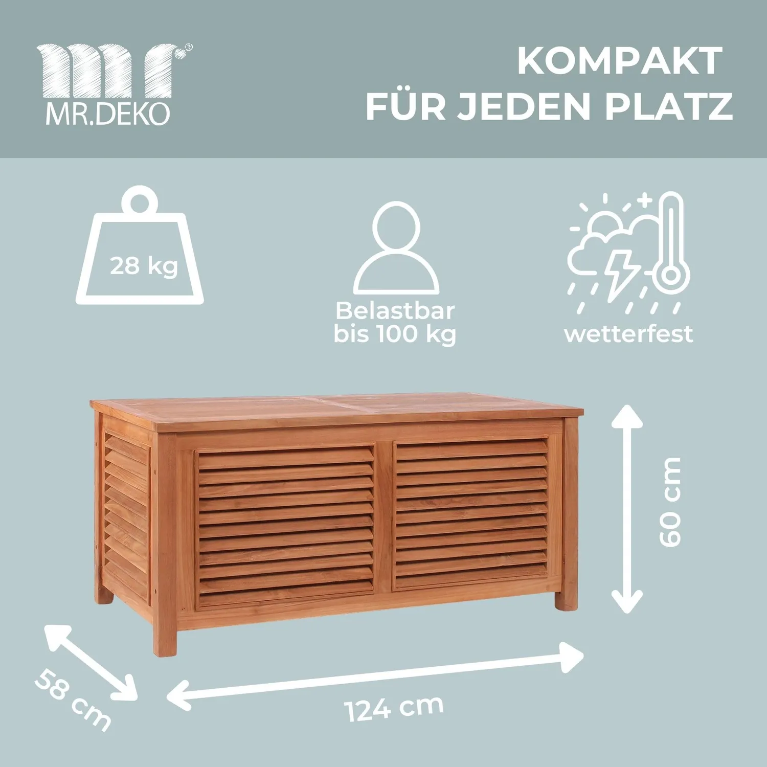 MR.DEKO Gartenbox Teak 430 l Auflagenbox 124 cm wetterfest