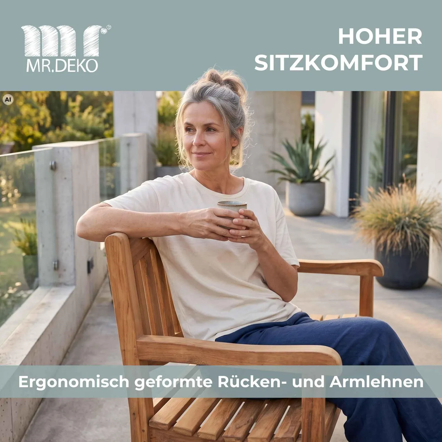 MR.DEKO Bradford Gartenbank 2-Sitzer Teak 120 cm wetterfest