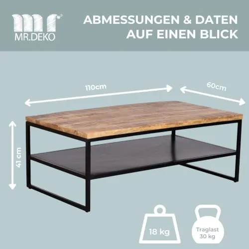 MR.DEKO Sicilia Couchtisch 110x60 cm Natur mit Ablage