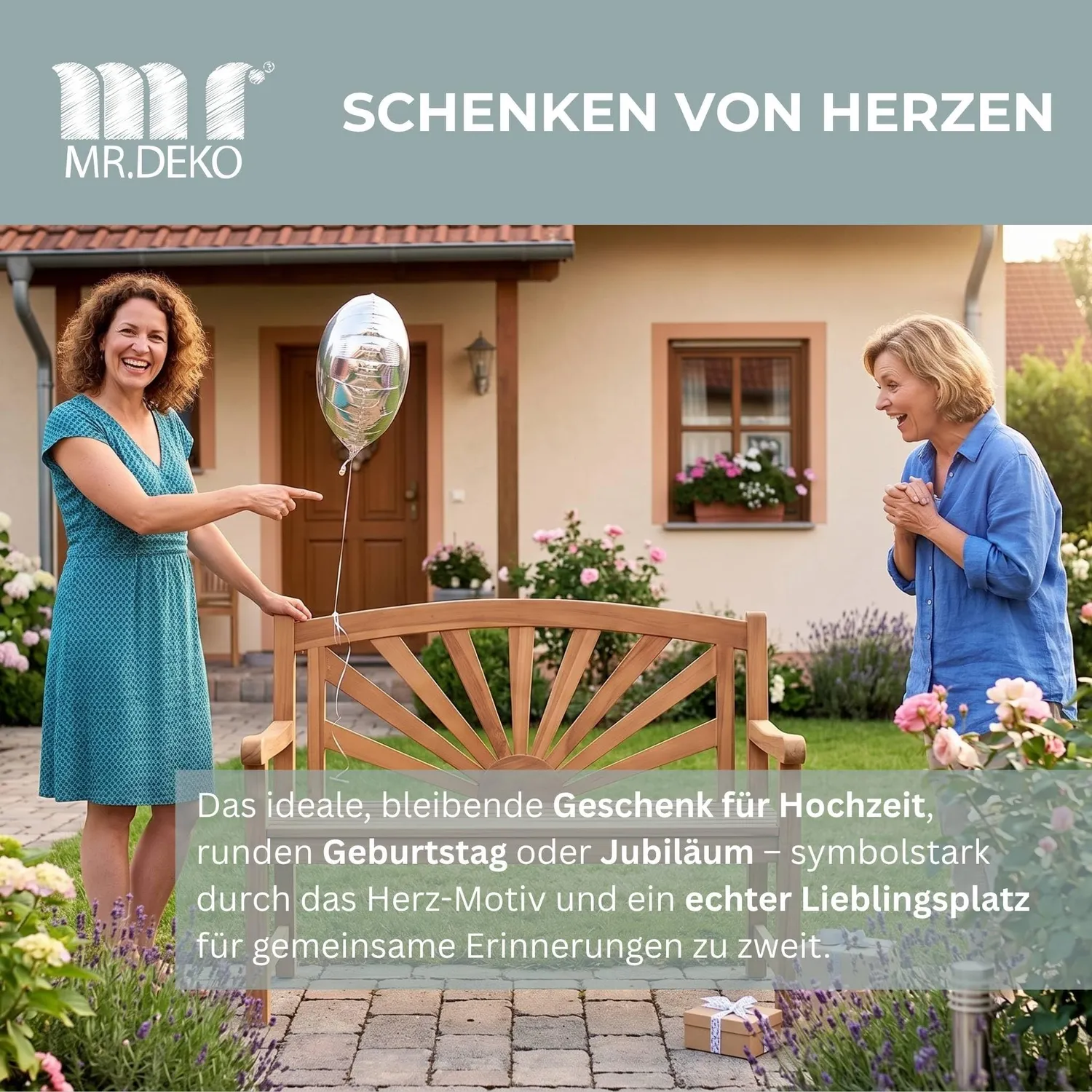 MR.DEKO Motiv Gartenbank Sonne 120x60x94 cm Teakholz 2-Sitzer