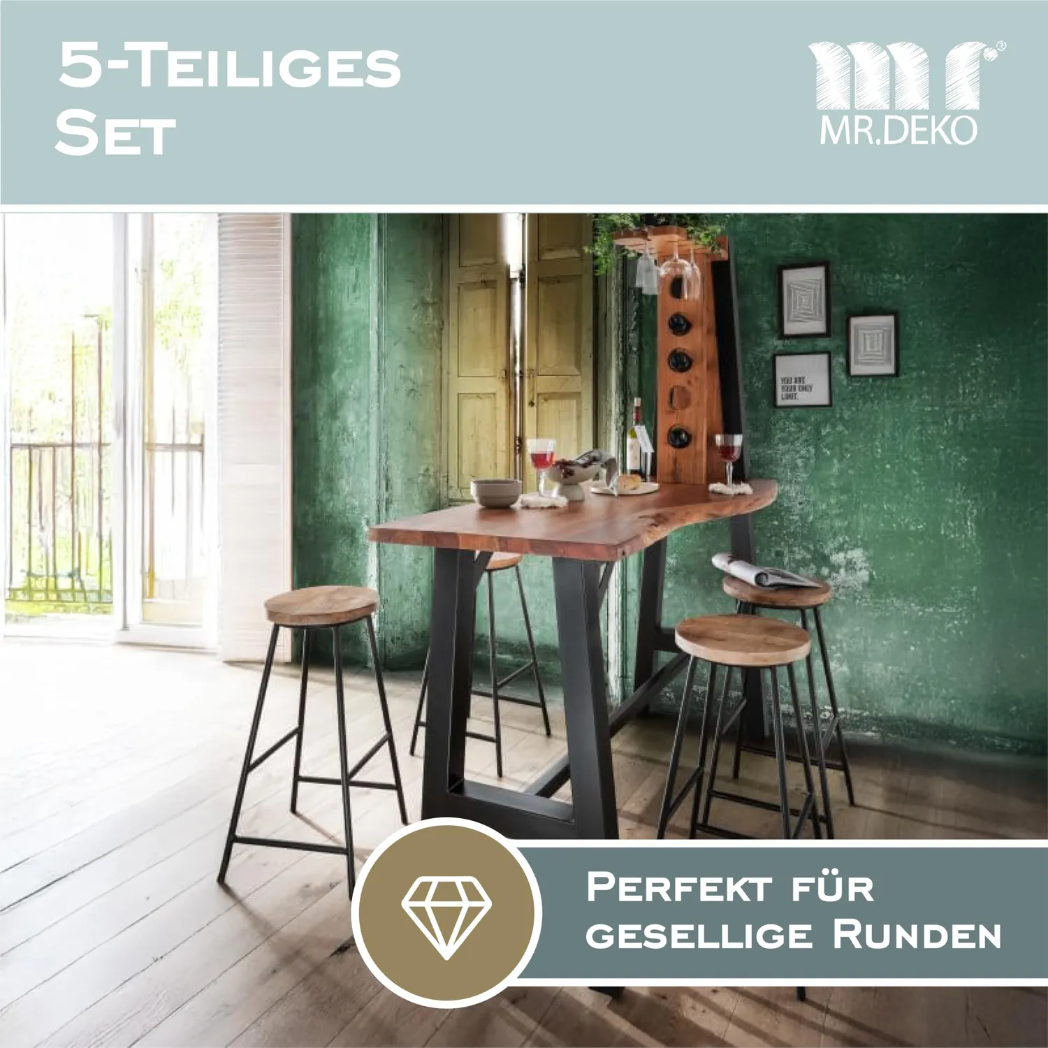 MR.DEKO Capua Bartisch-Set 5-teilig Mangoholz mit Weinregal