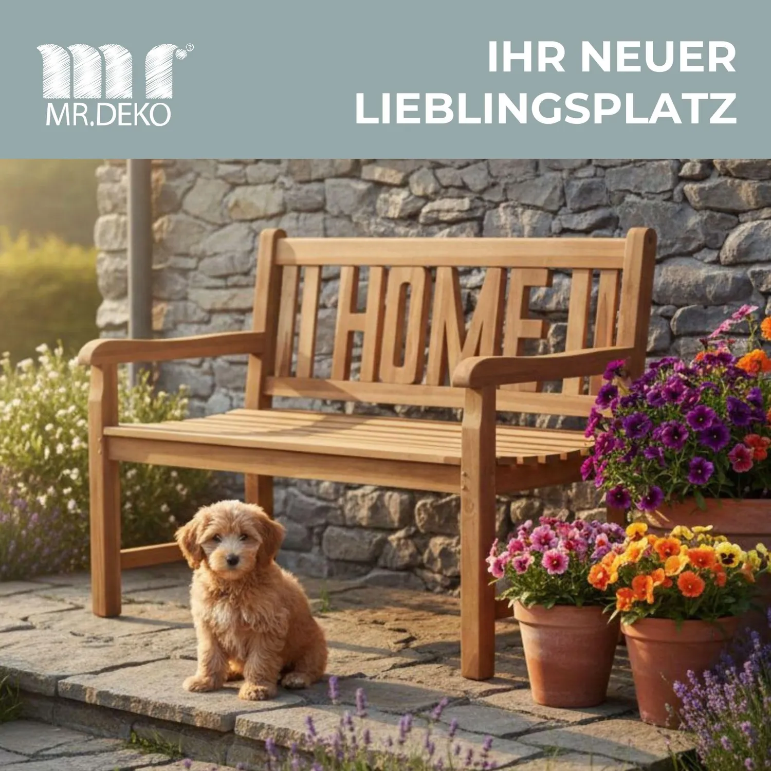 MR.DEKO Gartenbank Motiv Home Teakholz 120 cm 2-Sitzer