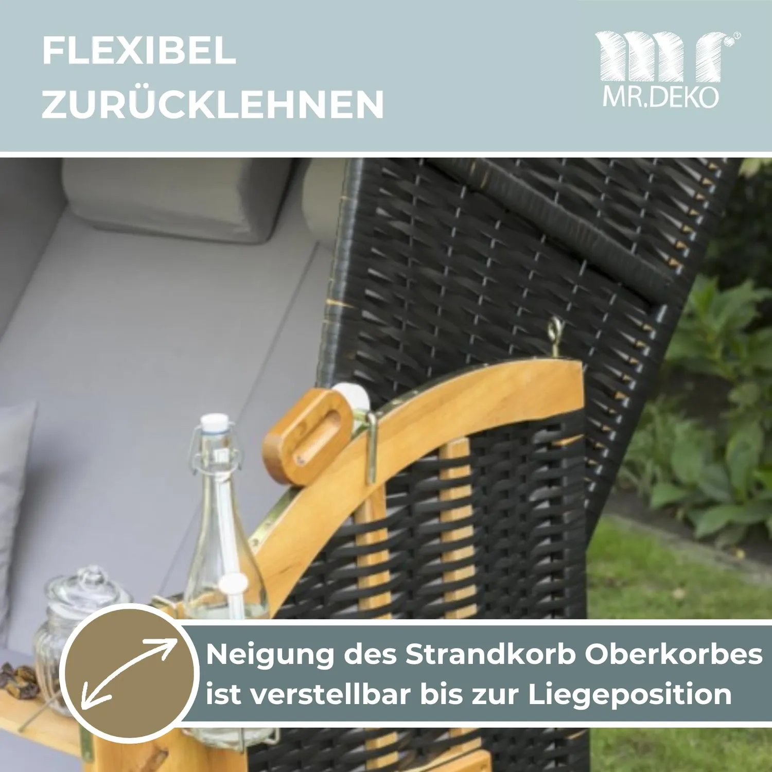 MR.DEKO Ostsee Volllieger 2-Sitzer Strandkorb Uni Grau wetterfest