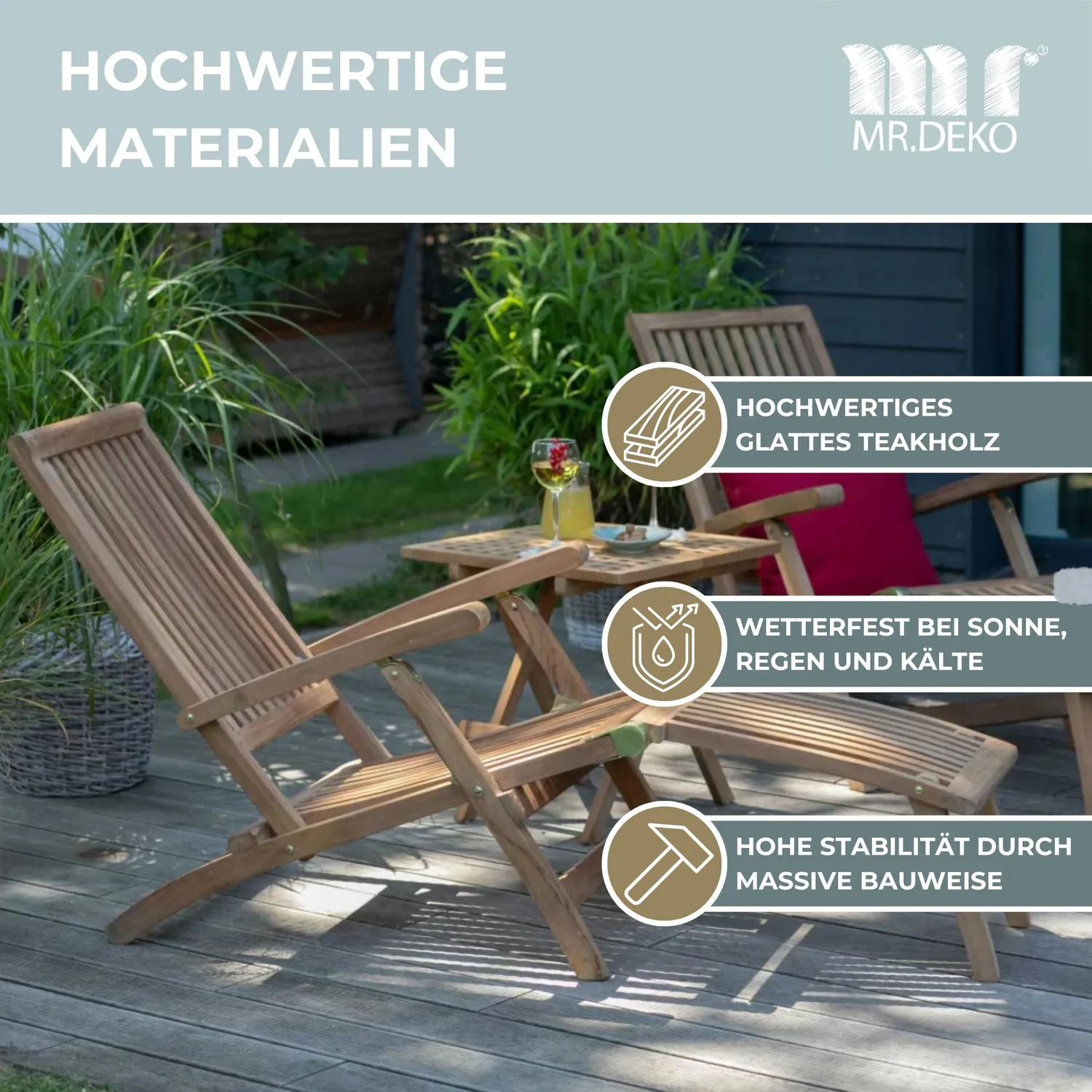 MR.DEKO Yacht Deckchair 170 cm Teakholz Liegestuhl klappbar