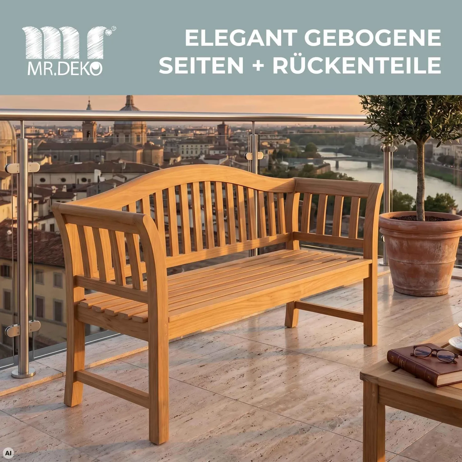 MR.DEKO Wave Gartenbank 128 cm Teakholz wetterfest