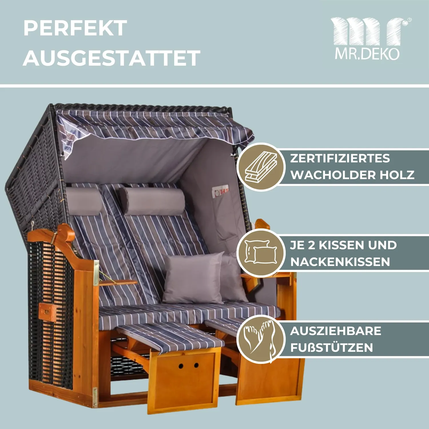 MR.DEKO Ostsee 2-Sitzer Strandkorb wetterfest Weiß PE-Geflecht
