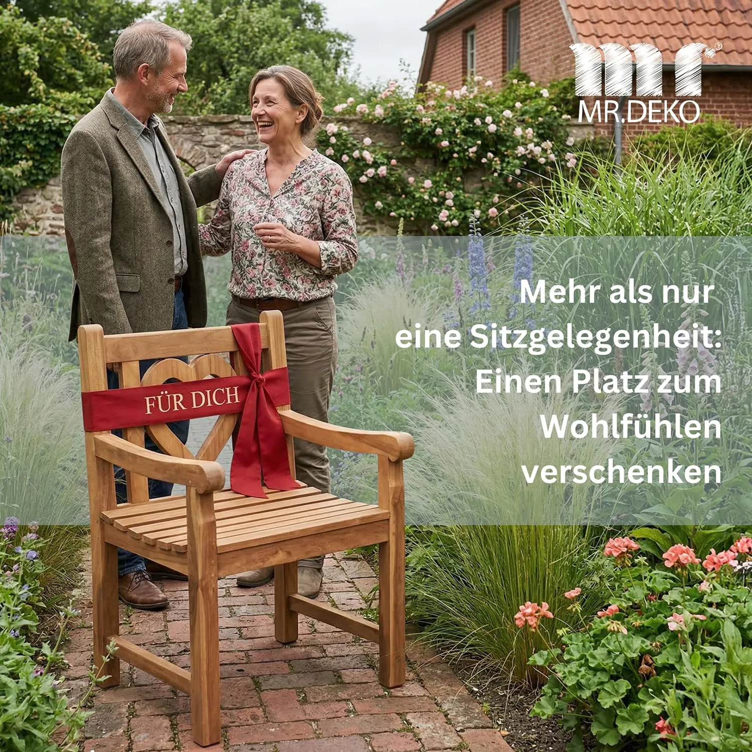 MR.DEKO Herz Gartensessel Teakholz 60x60x91