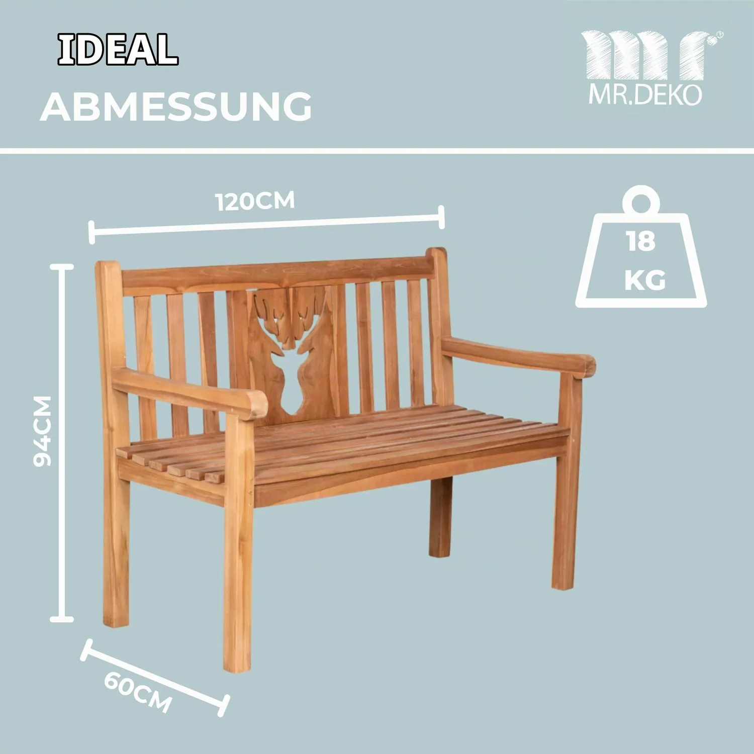 MR.DEKO Hirsch Gartenbank Teak 120cm Motiv Hirsch