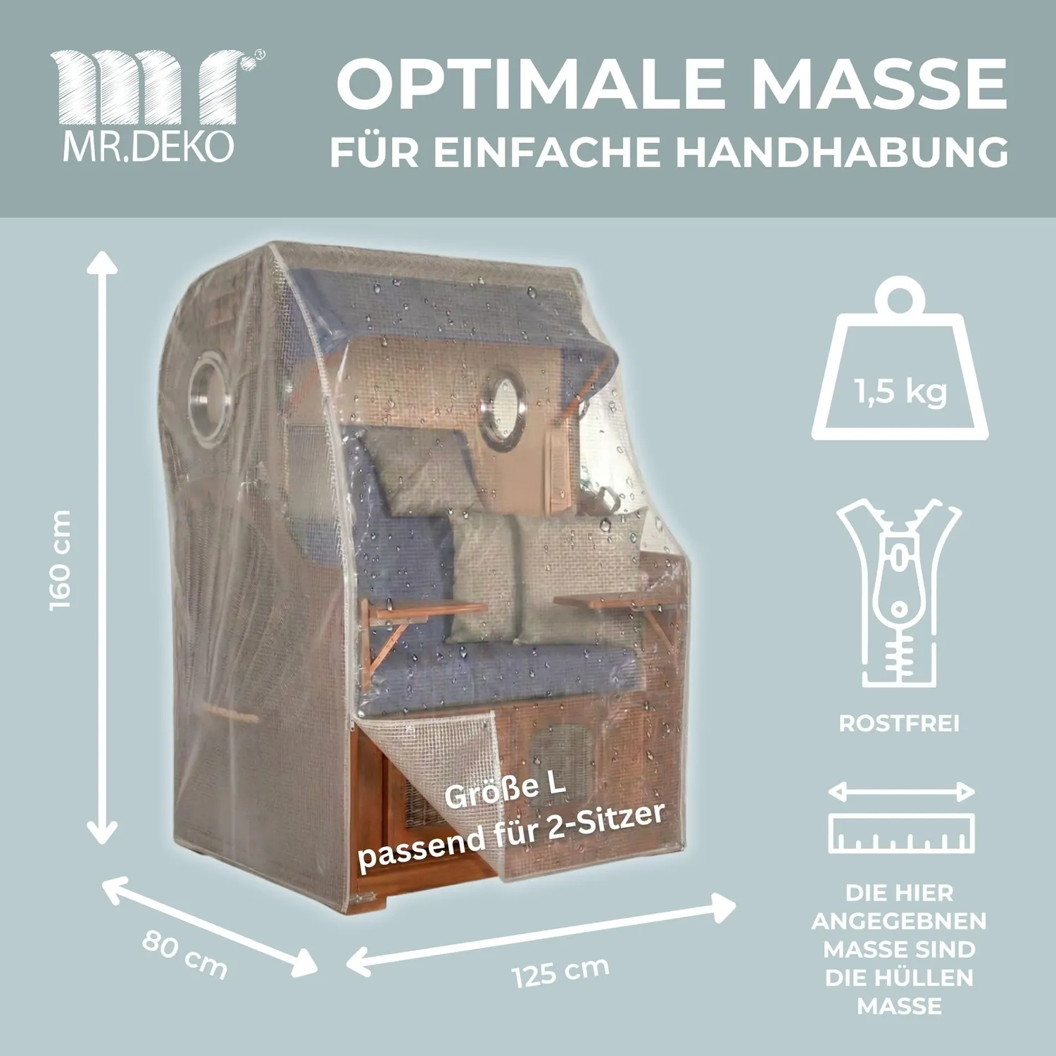 MR.DEKO Strandkorb Abdeckhaube Größe L 125 x 80 x 160 cm PVC transparent