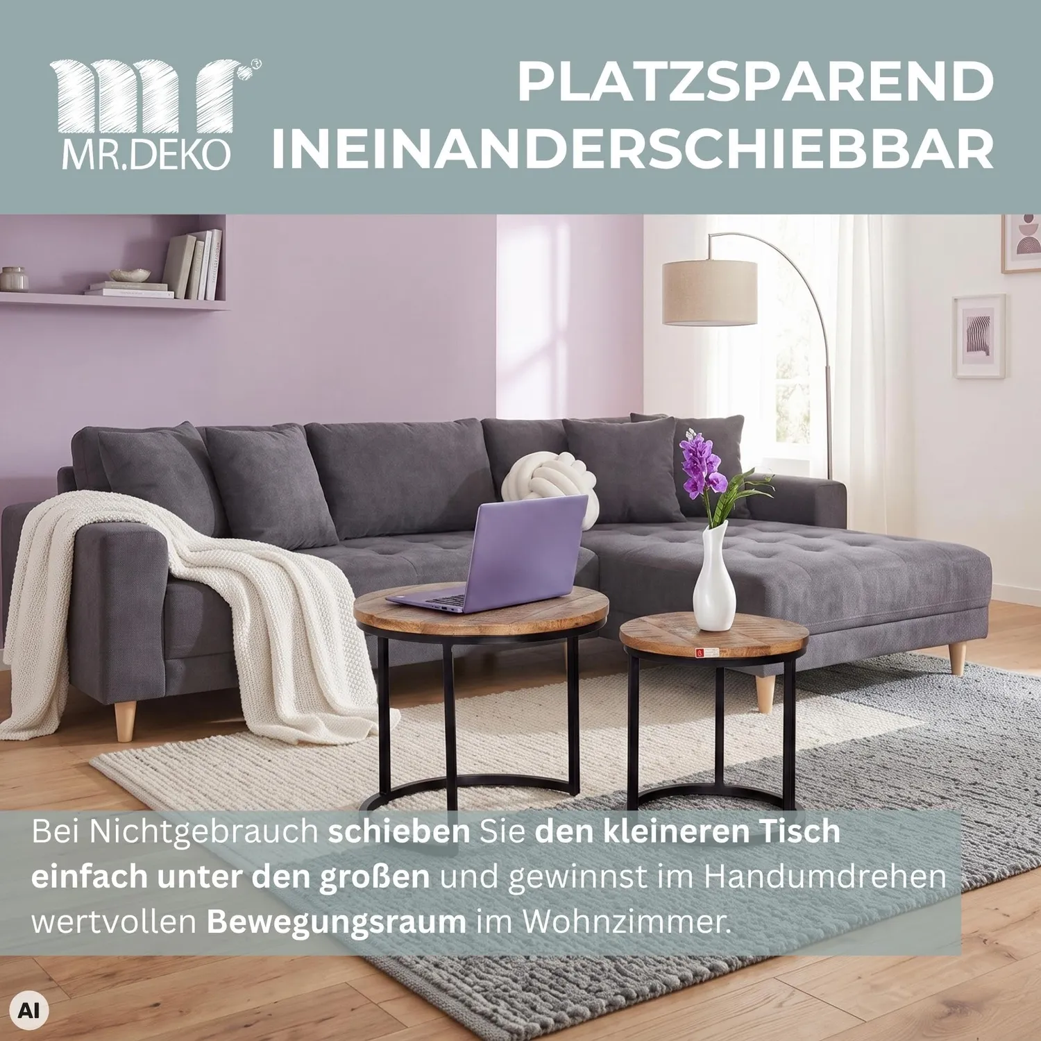 MR.DEKO Fermo Couchtisch 2er Set Mangoholz Natur rund