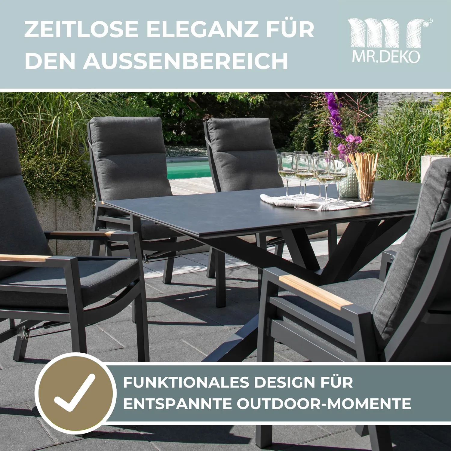 MR.DEKO Malaga Gartentisch 200x90 cm Keramikplatte Dark-Grey