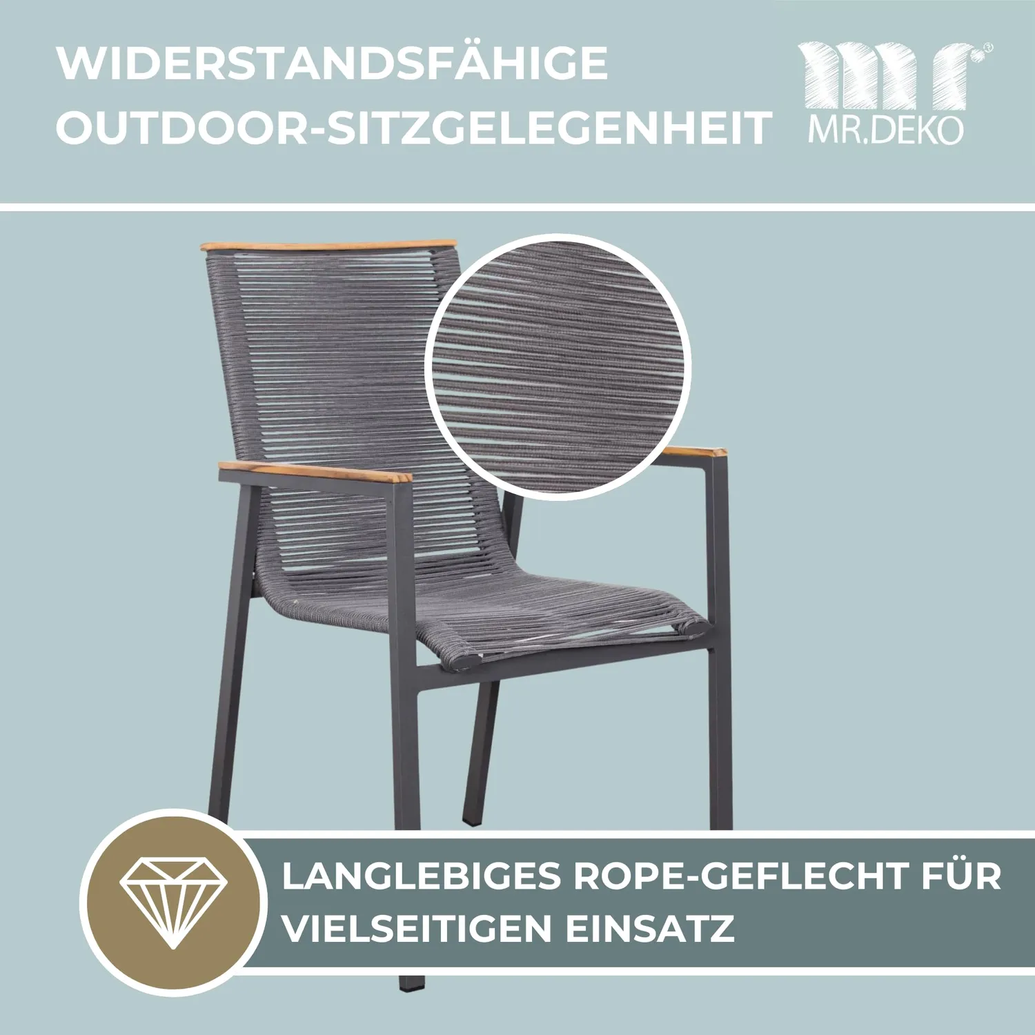 MR.DEKO Gartenstühle 2er-Set Rope Grau mit Teakarmlehnen