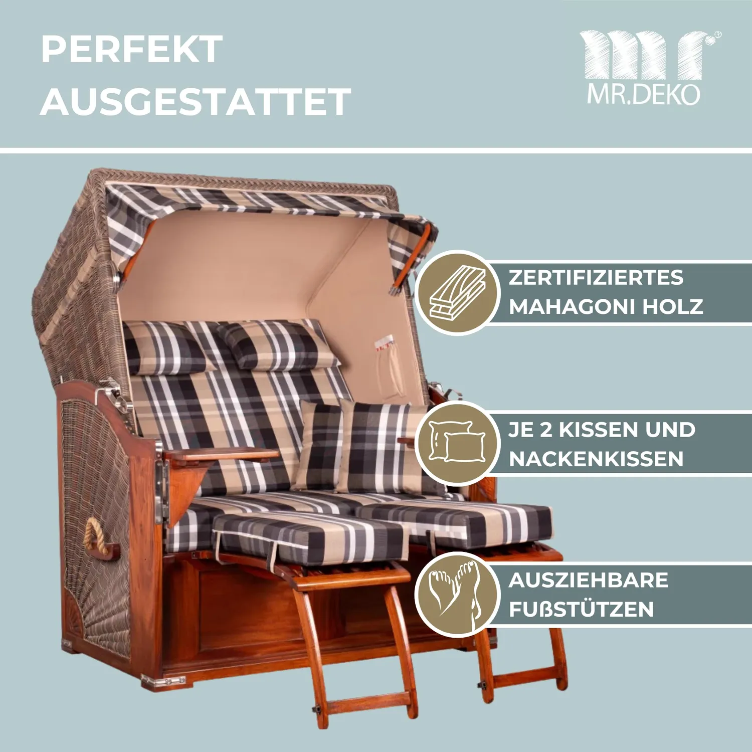 MR.DEKO Seeblick Mahagoni Strandkorb 2-Sitzer Dessin 583 Volllieger