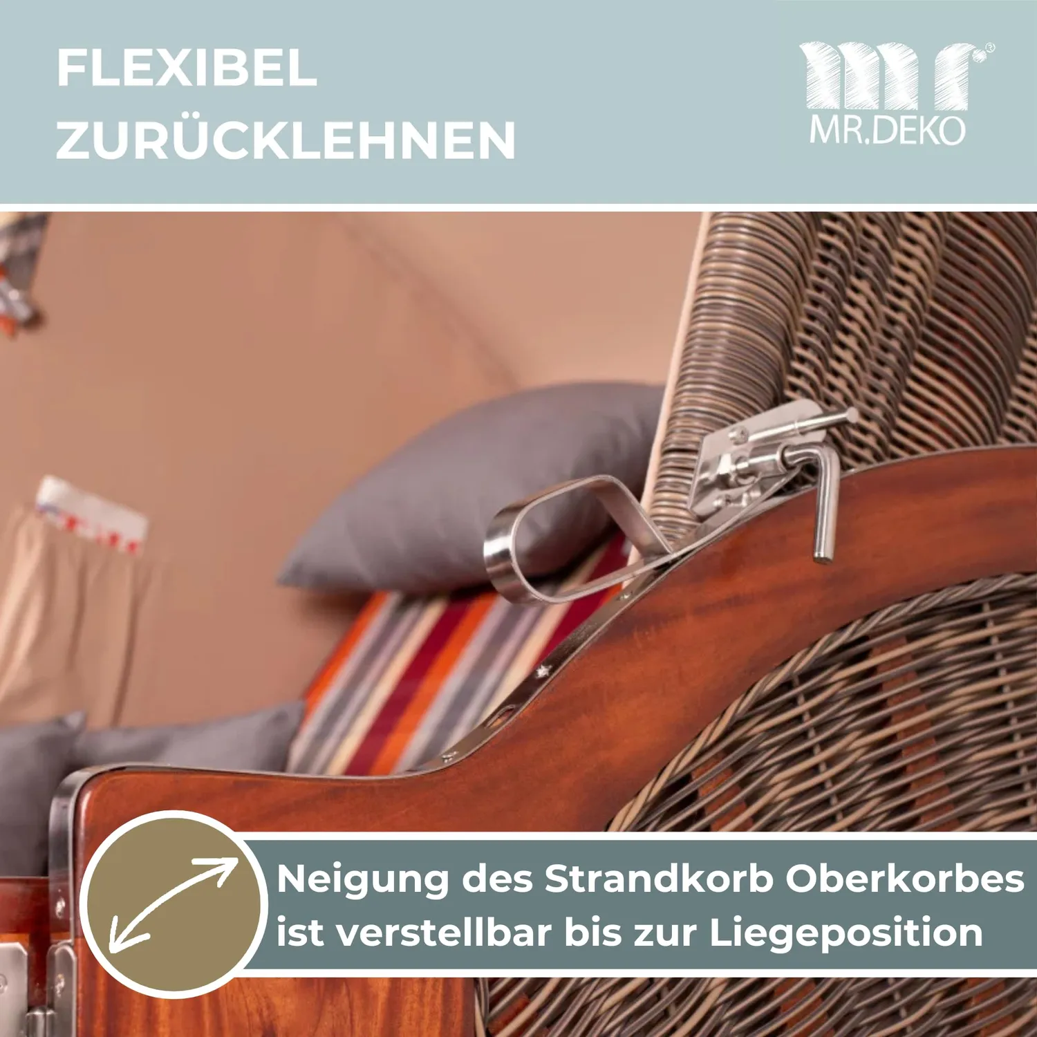 MR.DEKO Seeblick Mahagoni Strandkorb 2-Sitzer Dessin 584 Volllieger