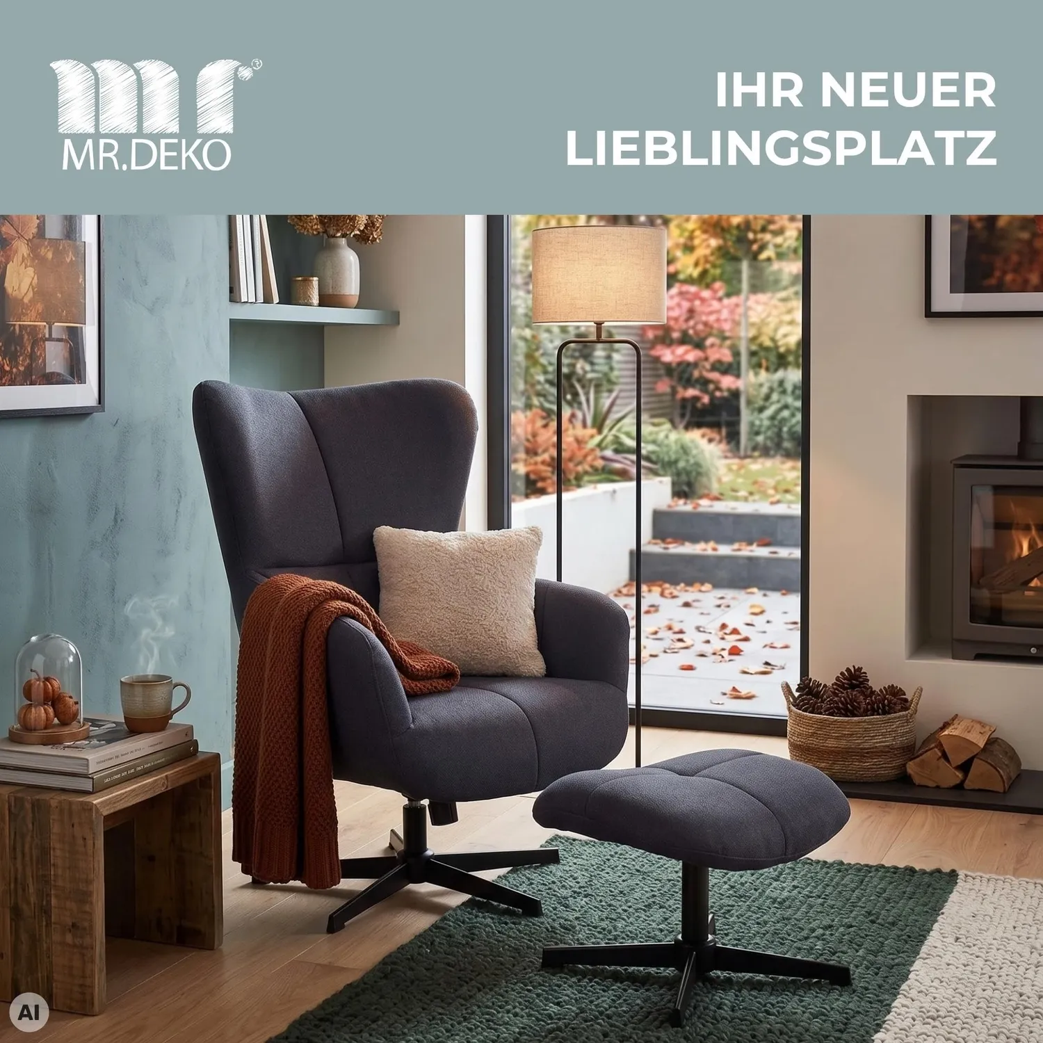 MR.DEKO Sava Ohrensessel mit Hocker blau drehbar kippbar 74x86x104