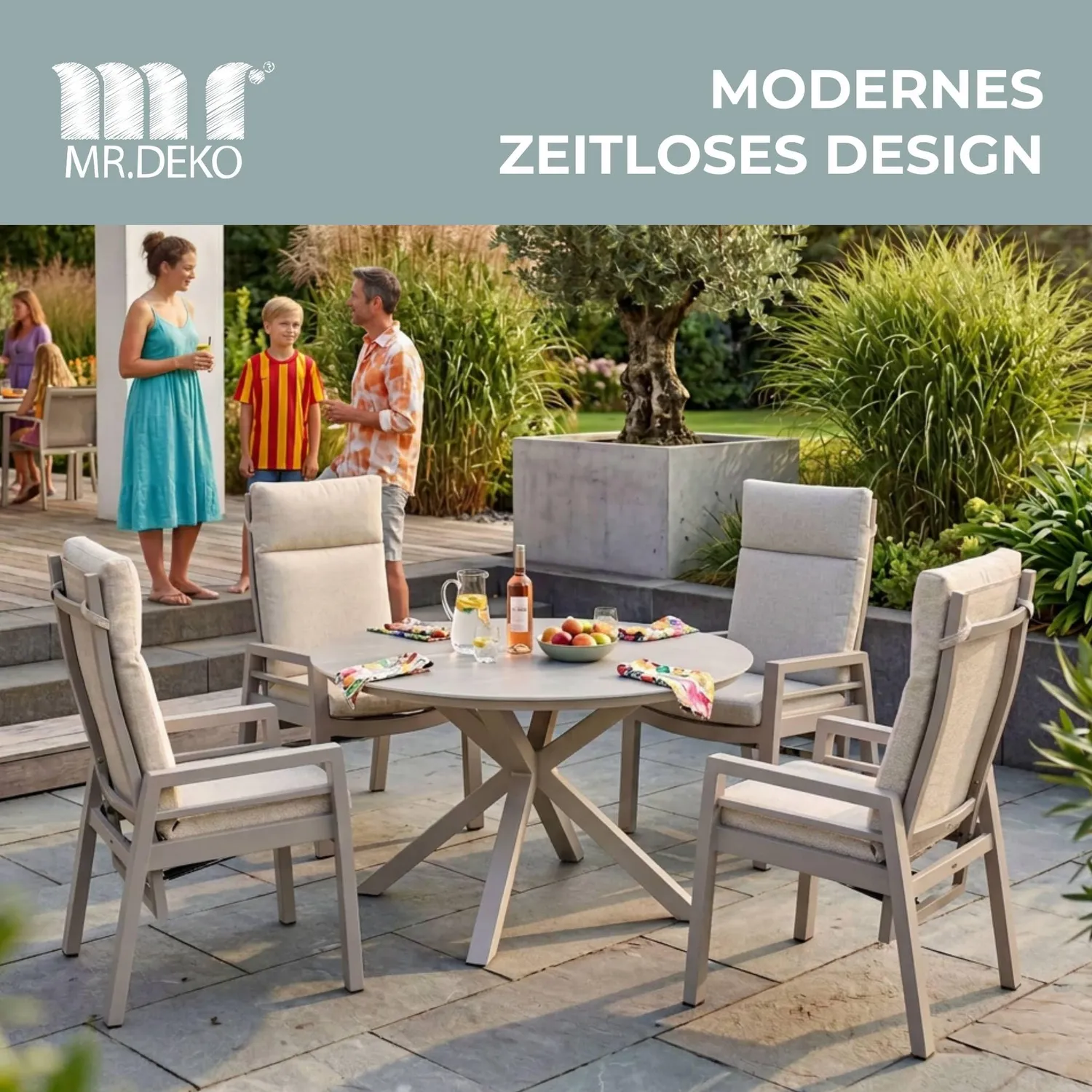 MR.DEKO Sevilla Gartenstuhl Hochlehner 2er Set Beige Ivory