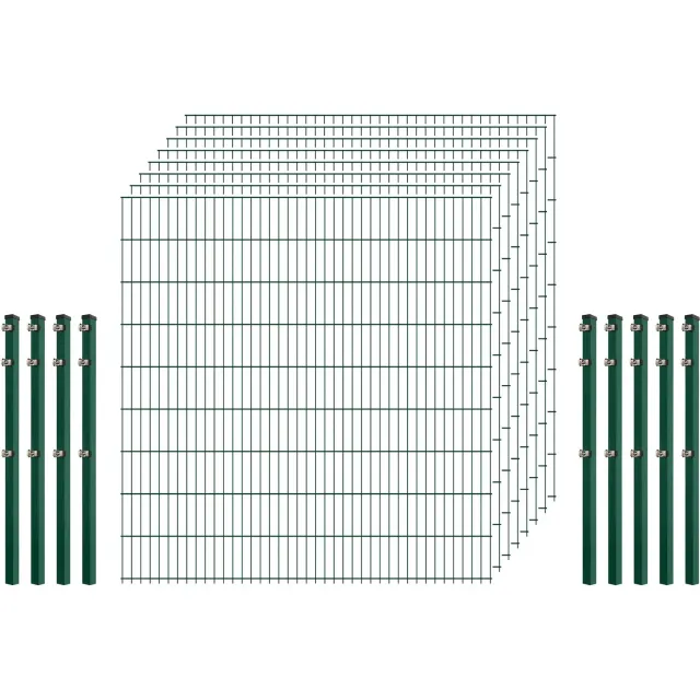 Standard-Zaunset 6/5/6 Doppelstab 8 Matten 9 Pfosten 200/183 cm Dunkelgrün Stahl
