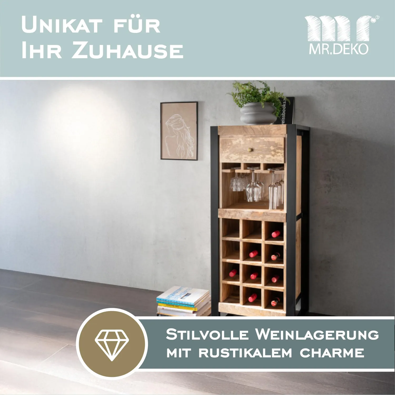 MR.DEKO Florenz Weinkommode 12 Flaschen Mangoholz 51x40x120 cm