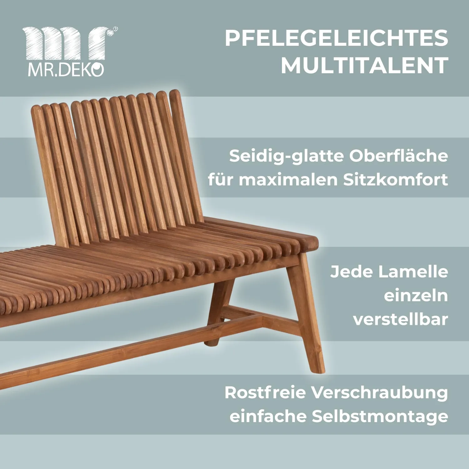 MR.DEKO Leeds Gartenbank Teak 130 cm verstellbar