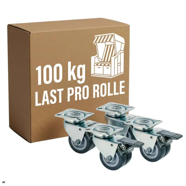 MR.DEKO Strandkorb-Rollen 4er-Set Ø52 mm Schwerlastrollen