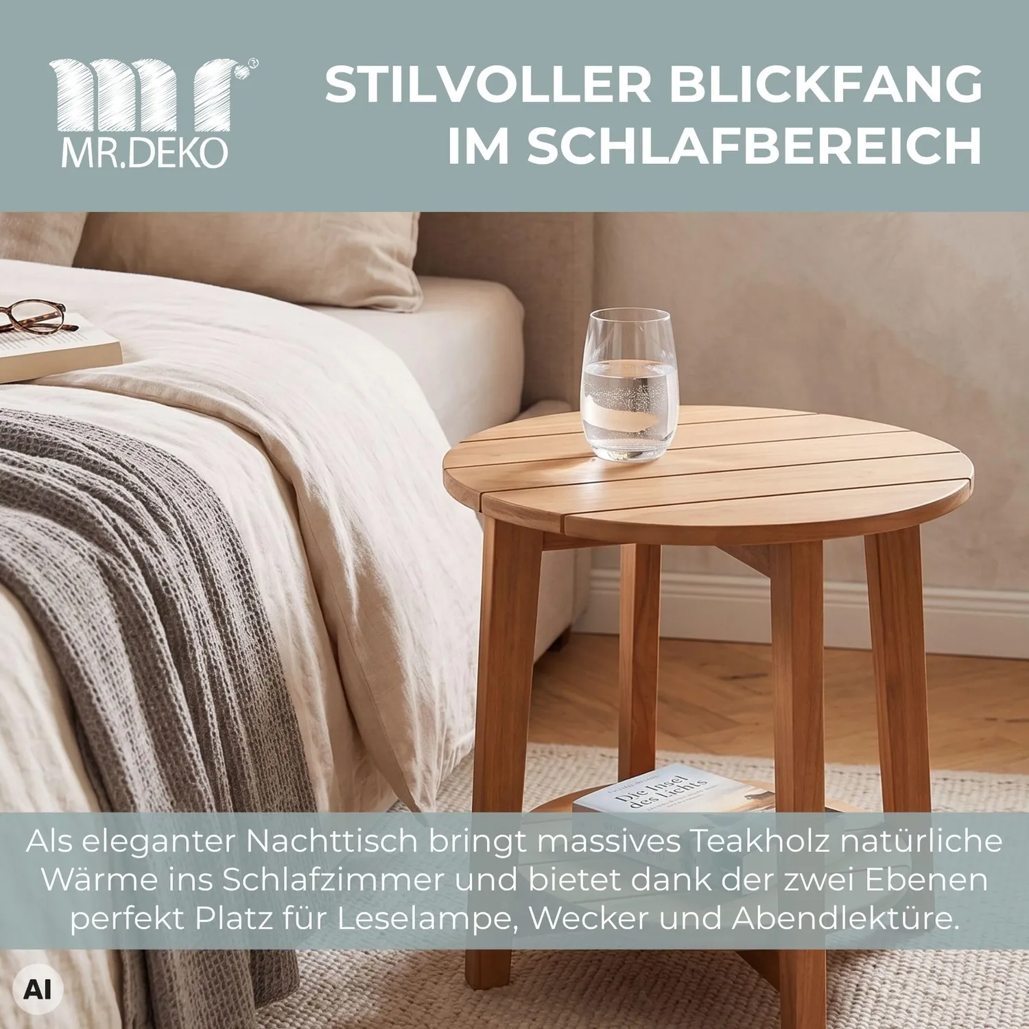 MR.DEKO Milton Beistelltisch Teak rund Ø 50 cm mit Ablage