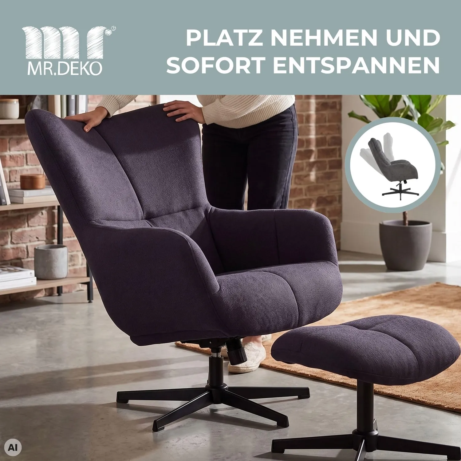 MR.DEKO Sava Ohrensessel mit Hocker blau drehbar kippbar 74x86x104