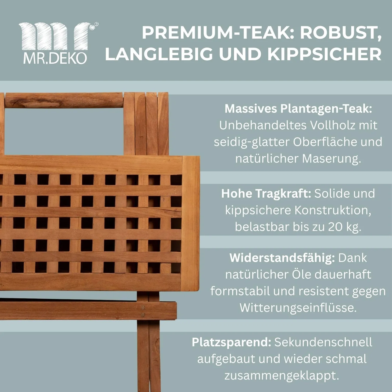 MR.DEKO Devon Beistelltisch klappbar Teak 50 × 50 cm wetterfest