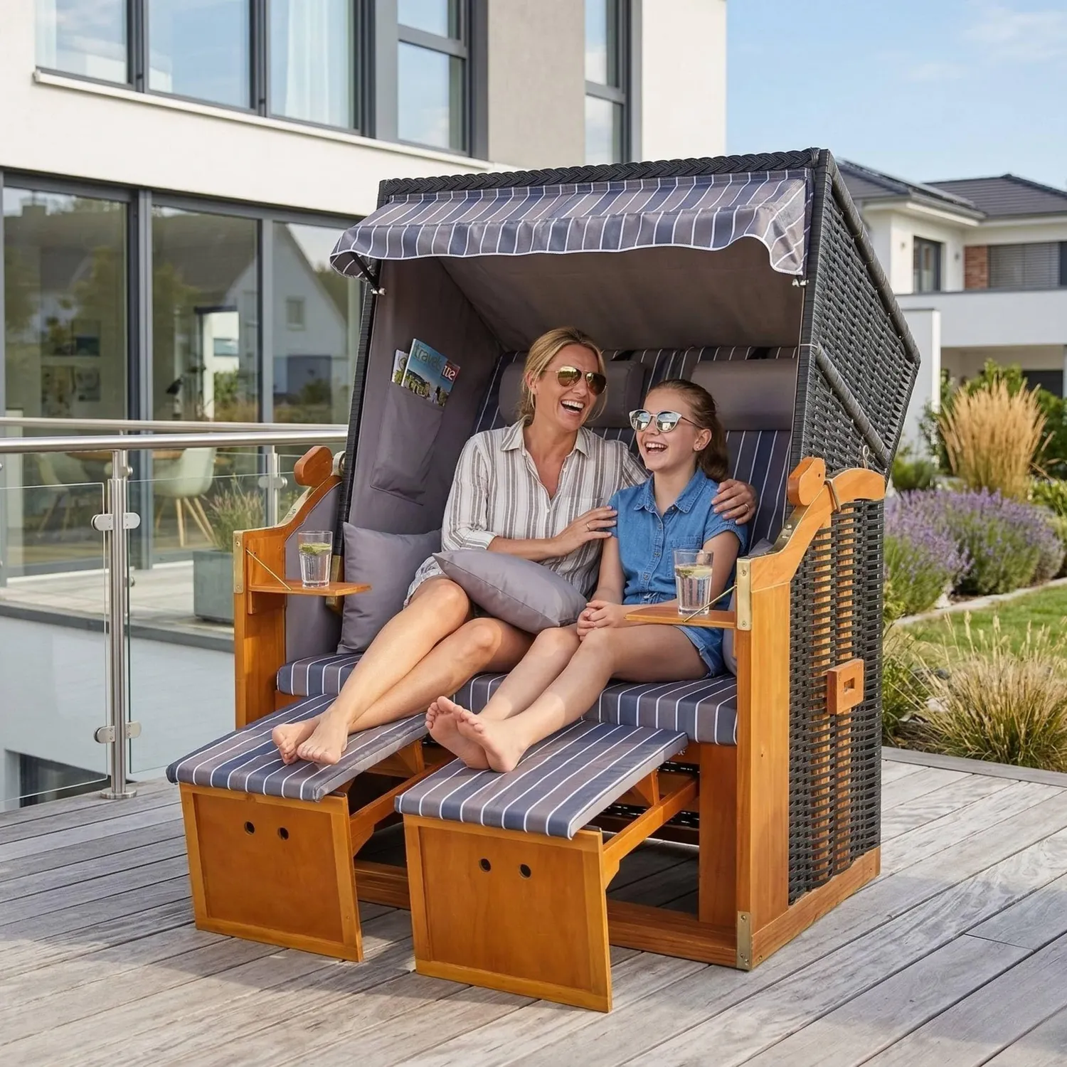 MR.DEKO Ostsee 2-Sitzer Strandkorb wetterfest Weiß PE-Geflecht