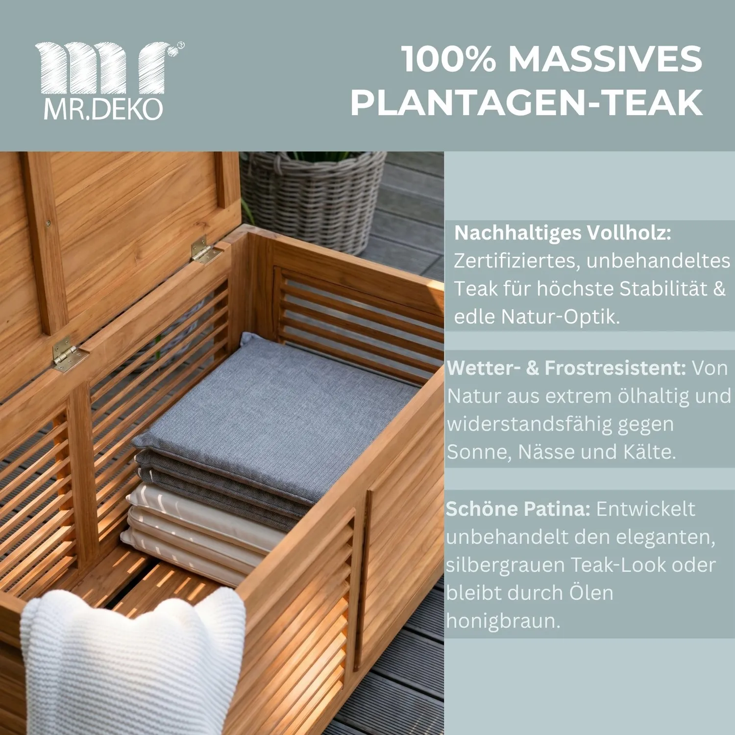MR.DEKO Gartenbox Teak 430 l Auflagenbox 124 cm wetterfest