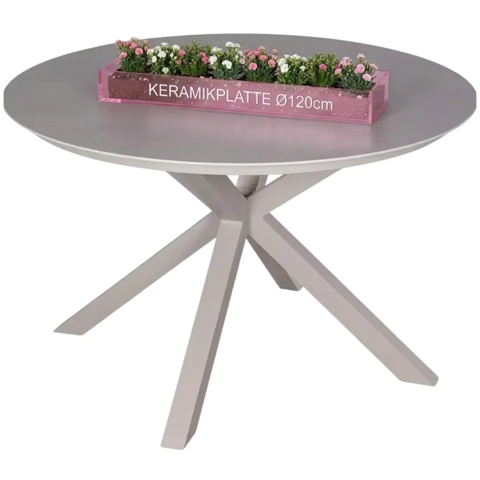 MR.DEKO Malaga Gartentisch rund 120 cm Ivory Keramikplatte