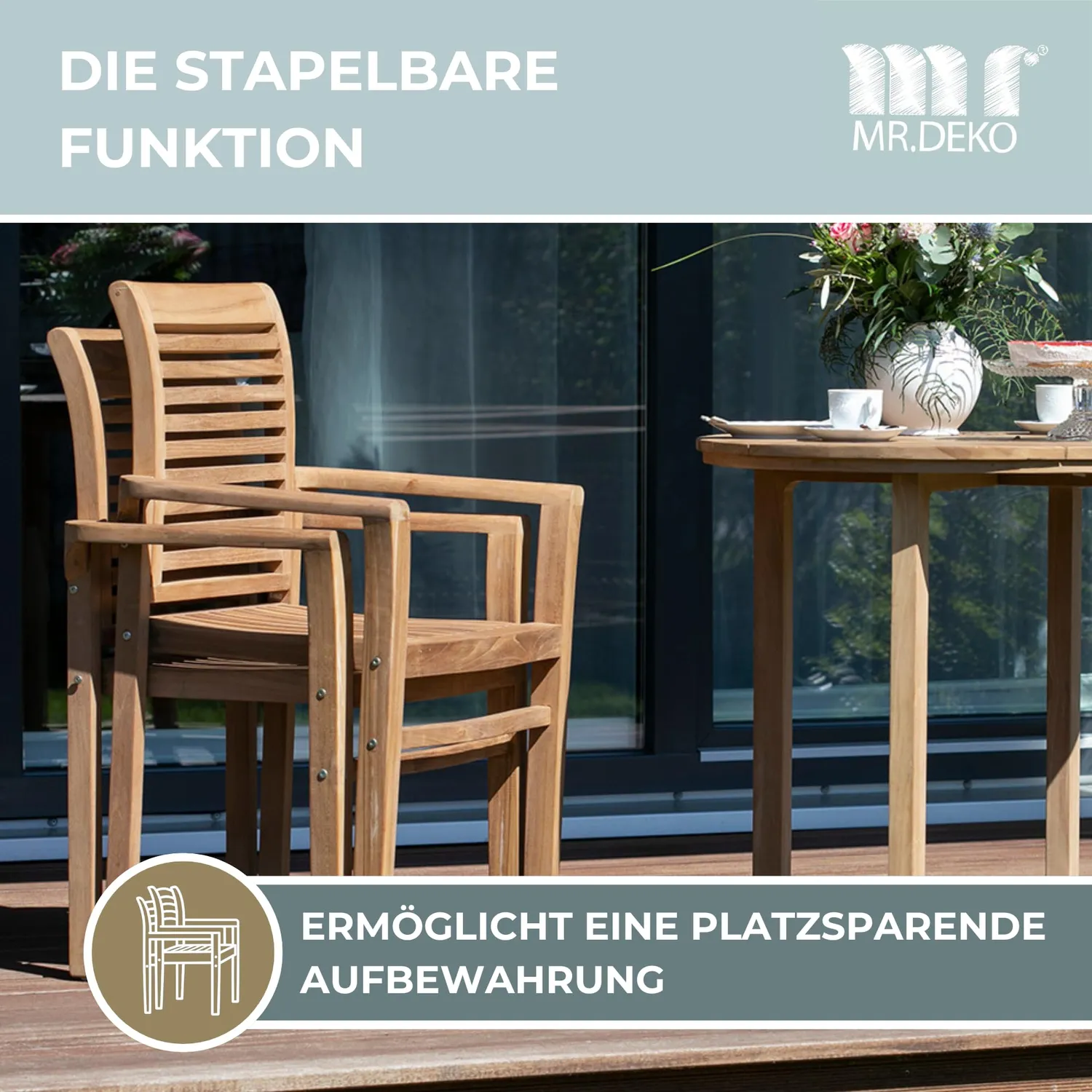MR.DEKO Derby Stapelsessel Teakholz stapelbar mit Armlehnen