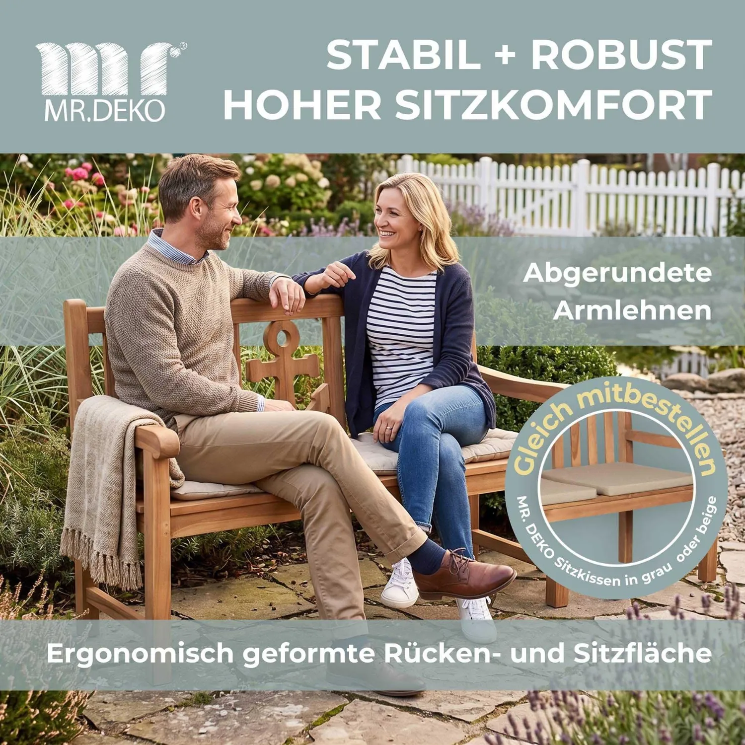 MR.DEKO Motiv Anker Gartenbank 120 cm Teakholz wetterfest