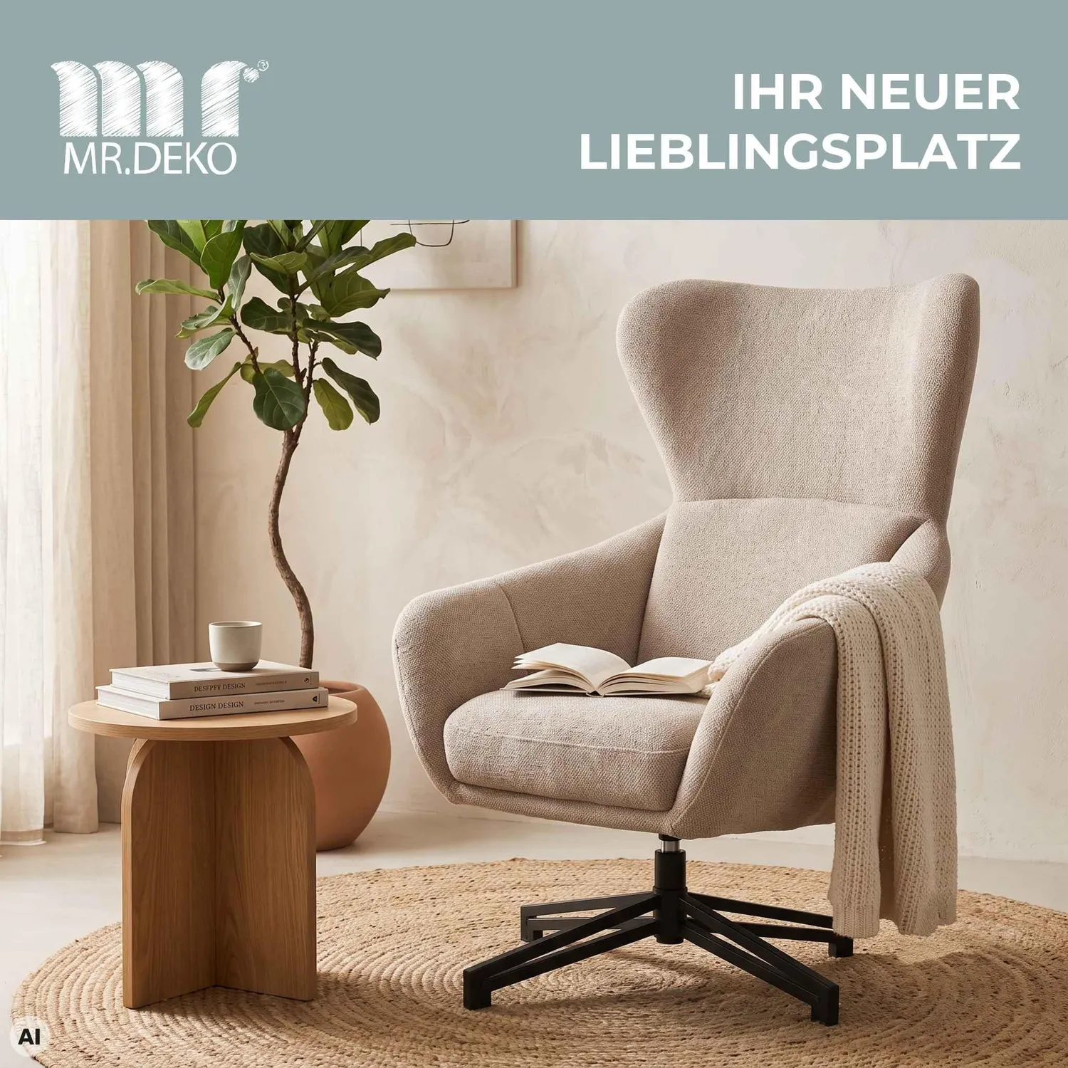 MR.DEKO Marconia Relaxsessel beige drehbar Ohrensessel 75x80x109