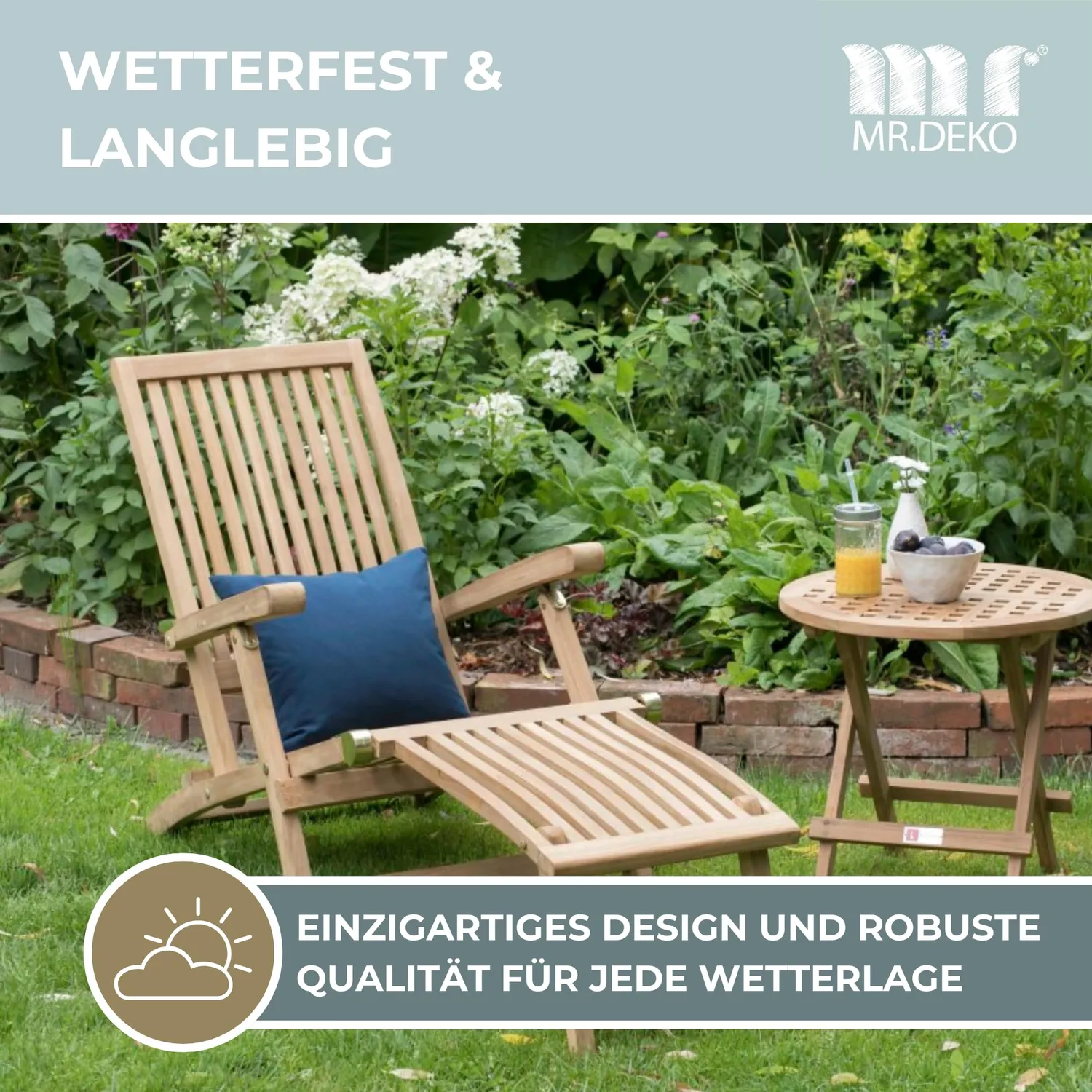 MR.DEKO Yacht Deckchair 170 cm Teakholz Liegestuhl klappbar
