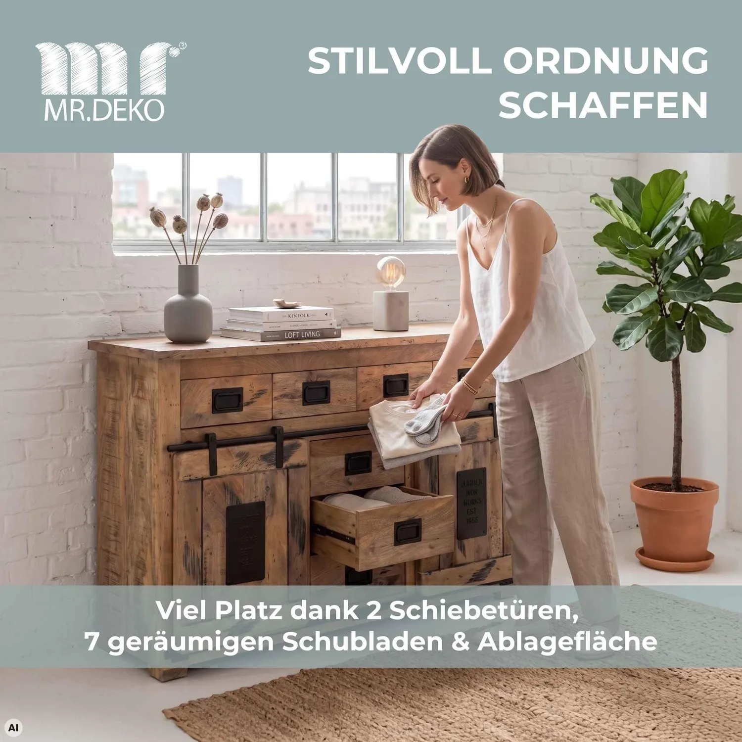 MR.DEKO Florenz Sideboard 150 x 45 x 90 cm Mangoholz